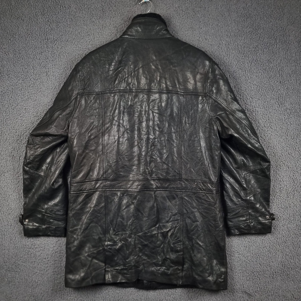 Vintage ARMA Leather Jacket Mens L Large 40 Black Long Overcoat Coat Lined 90s