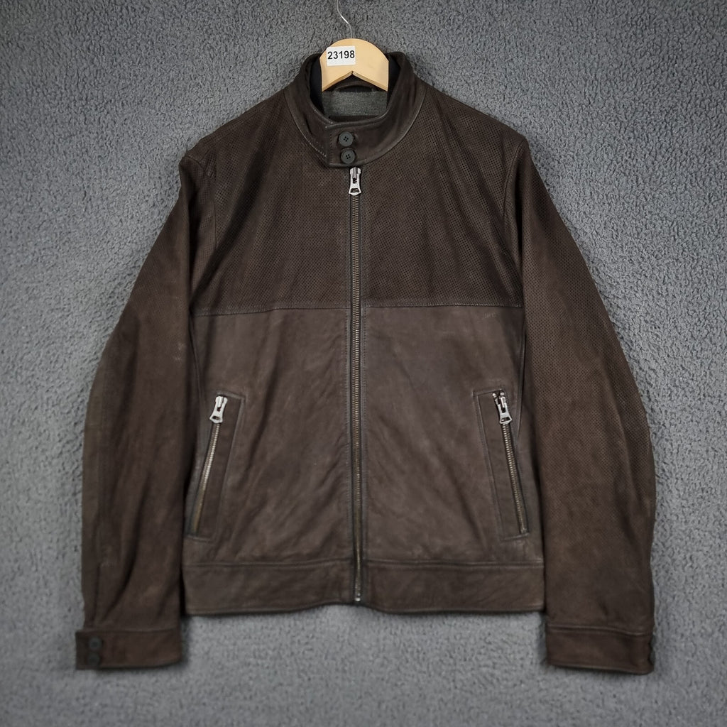 HUGO BOSS Leather Jacket Mens L Large 40R Brown Buffalo Skin Bomber Biker