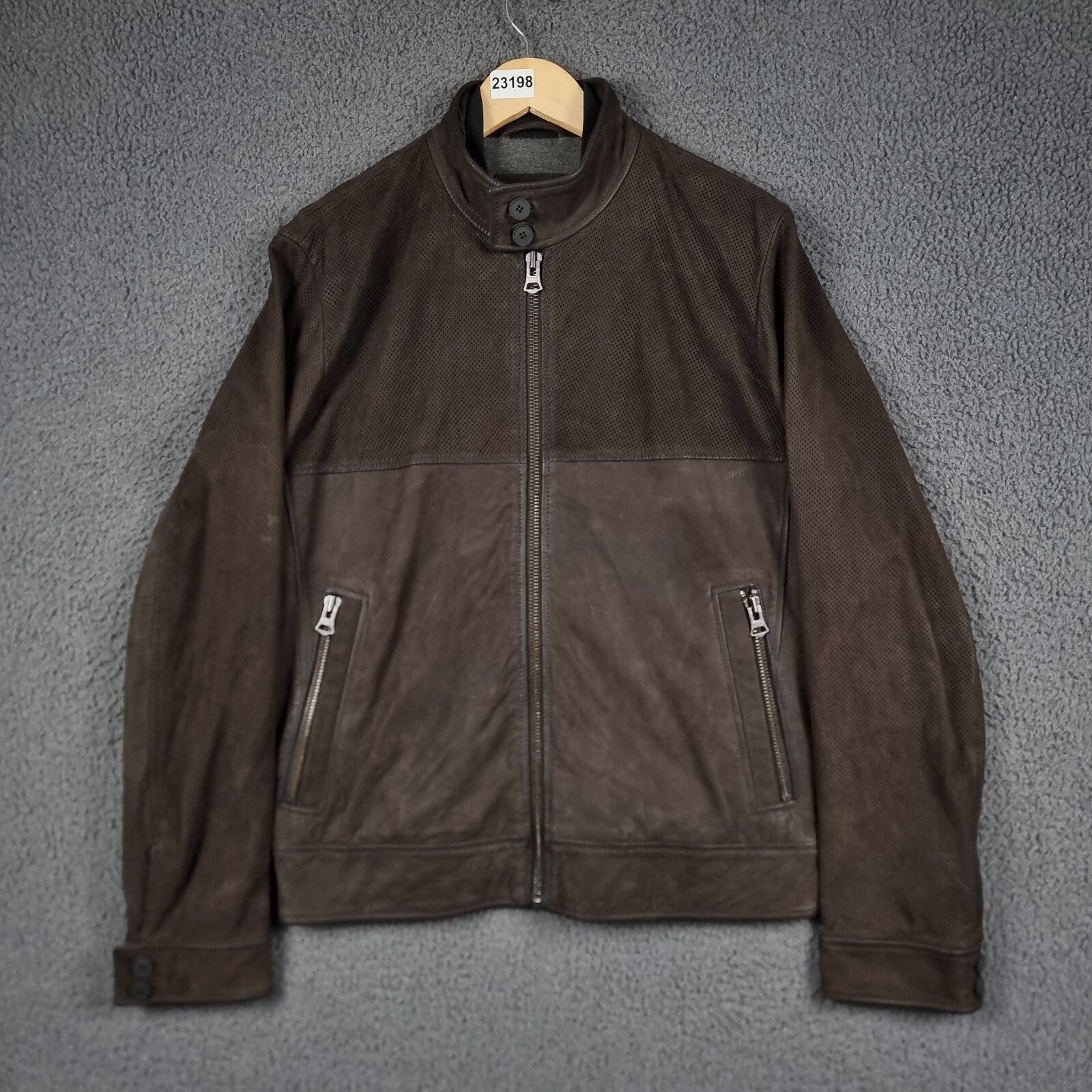 HUGO BOSS Leather Jacket Mens L Large 40R Brown Buffalo Skin Bomber Biker
