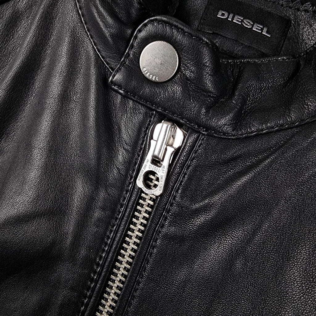 Diesel Leather Jacket Mens XL Black Soft Sheepskin Racer Biker Moto Full Zip