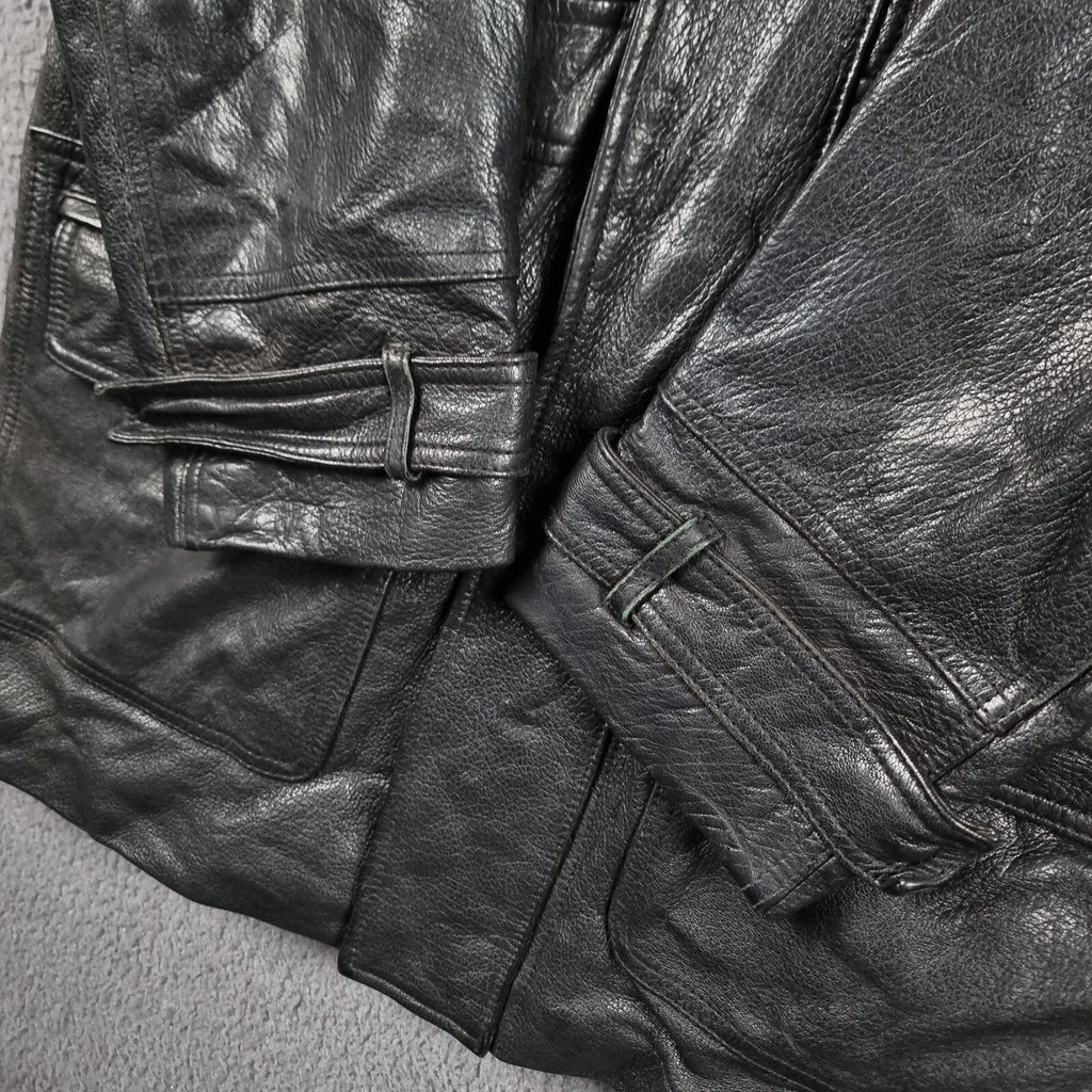 Vintage ARMA Leather Jacket Mens L Large 40 Black Long Overcoat Coat Lined 90s