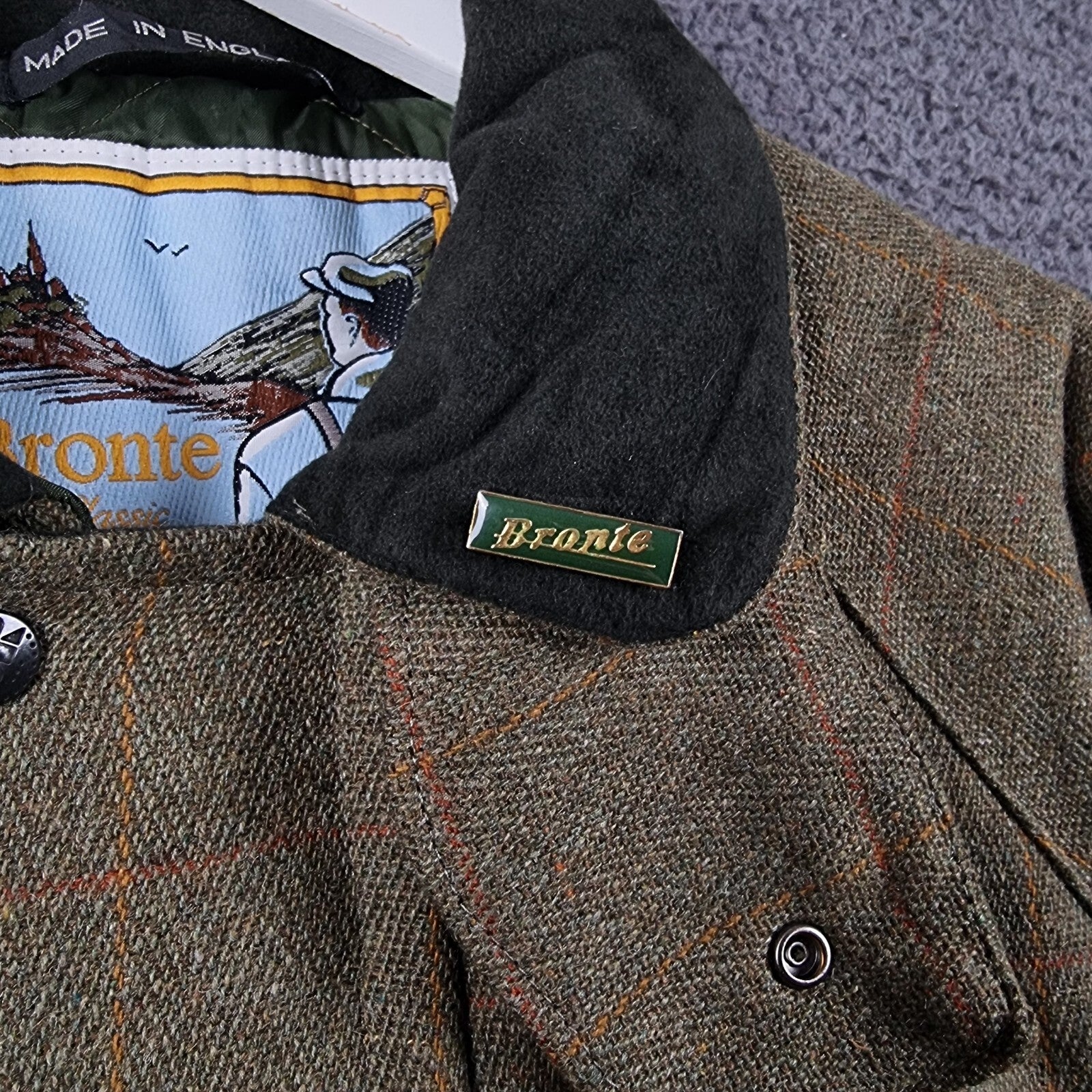BRONTE Shooting Jacket Mens L Large Green Check Derby Tweed Wool Field Coat UK