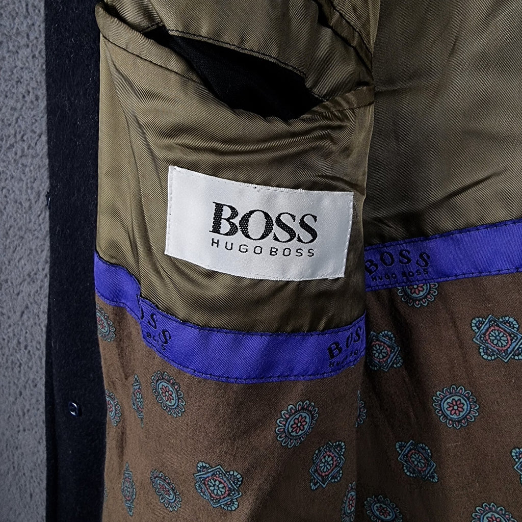 Vintage HUGO BOSS Coat Mens 2XL Navy Blue Wool Loden Overcoat Long Relaxed 80s