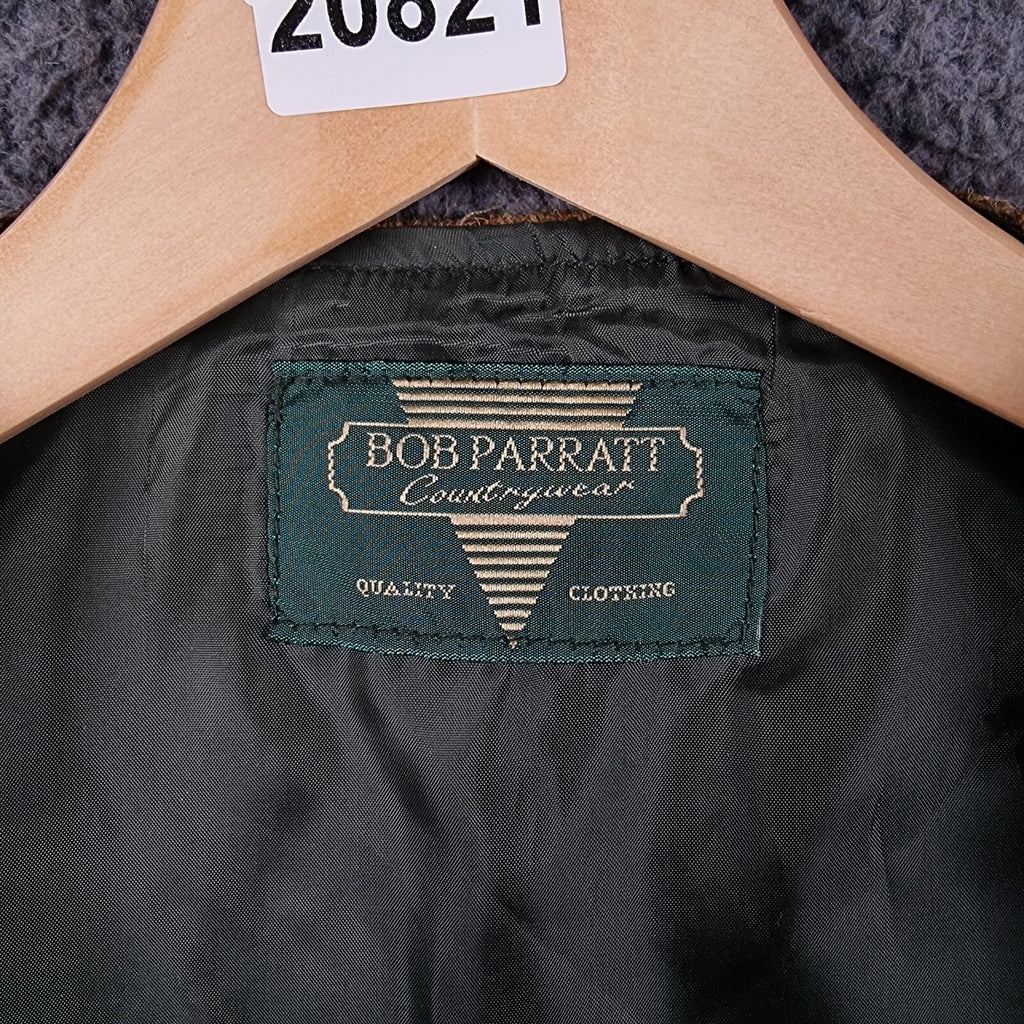 BOB PARRATT Shooting Vest Mens XL Brown 100% Wool Tweed Moleskin Trim Jacket