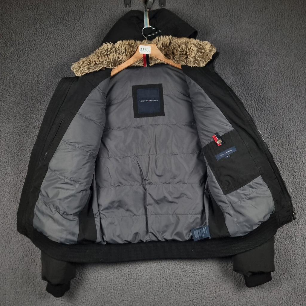 TOMMY HILFIGER Jacket Mens M Medium Black Down Insulated Puffer Hooded Bomber