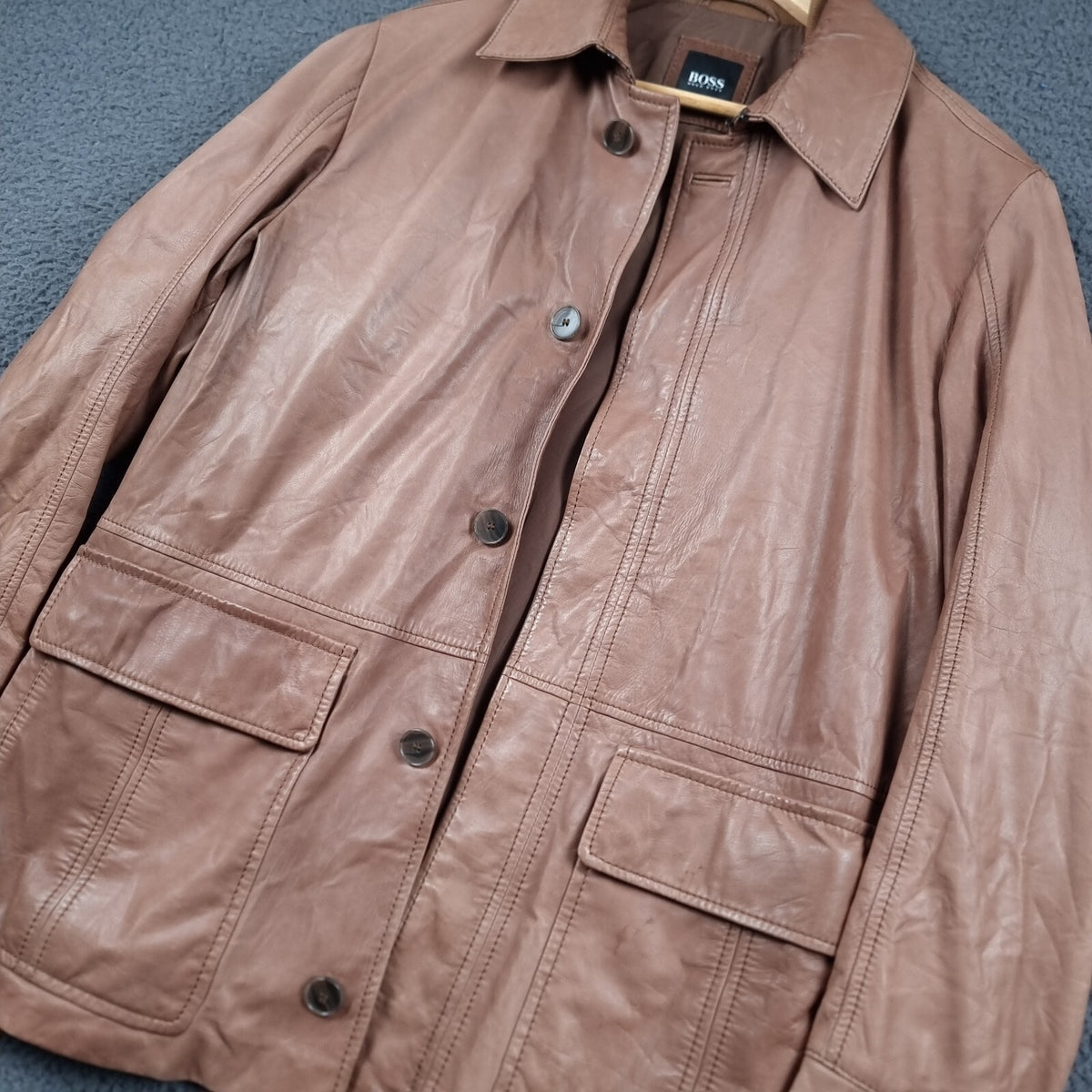 HUGO BOSS Leather Jacket Mens 40R L Large Brown Nappa Calfskin Soft Coat
