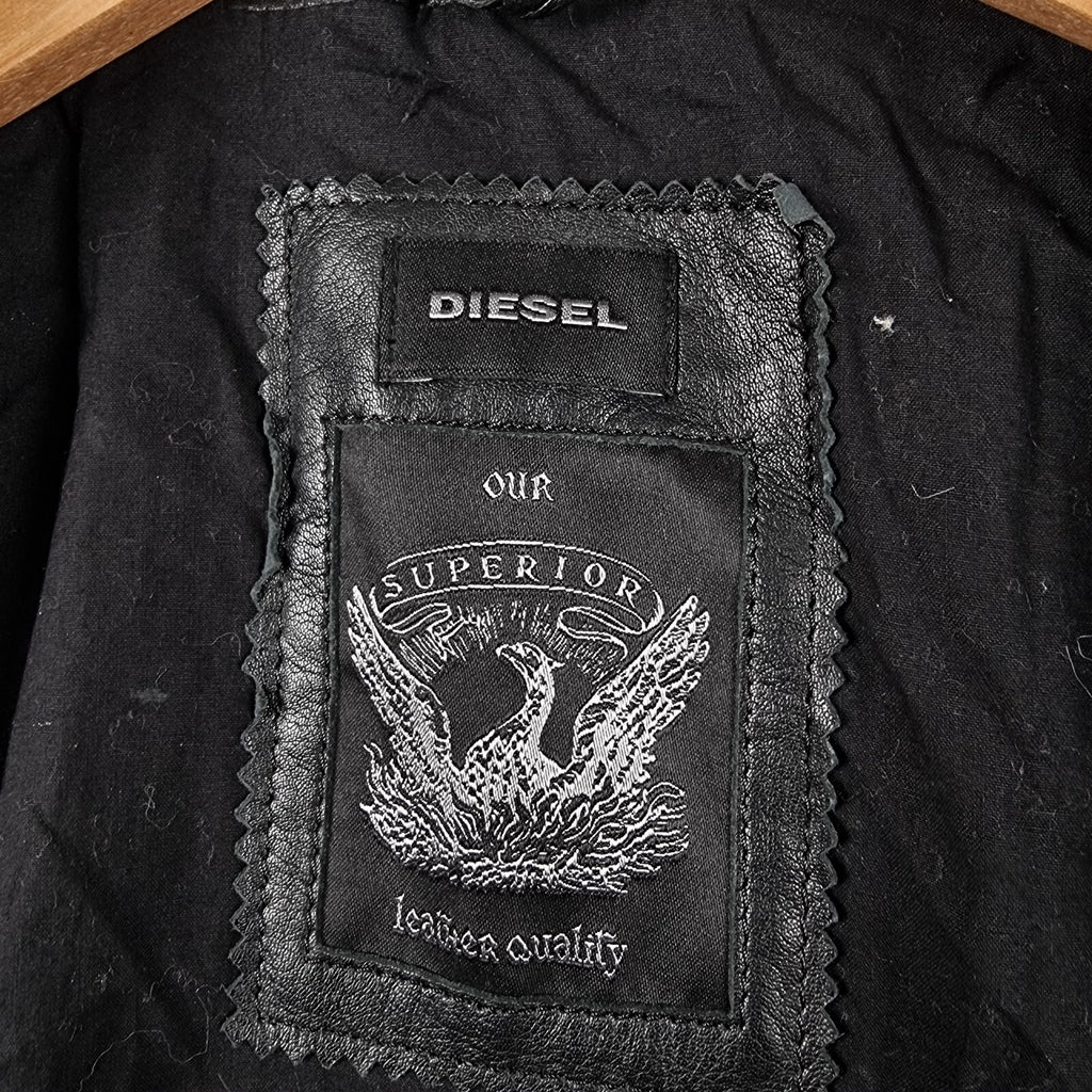 Diesel Leather Jacket Mens XL Black Soft Sheepskin Racer Biker Moto Full Zip