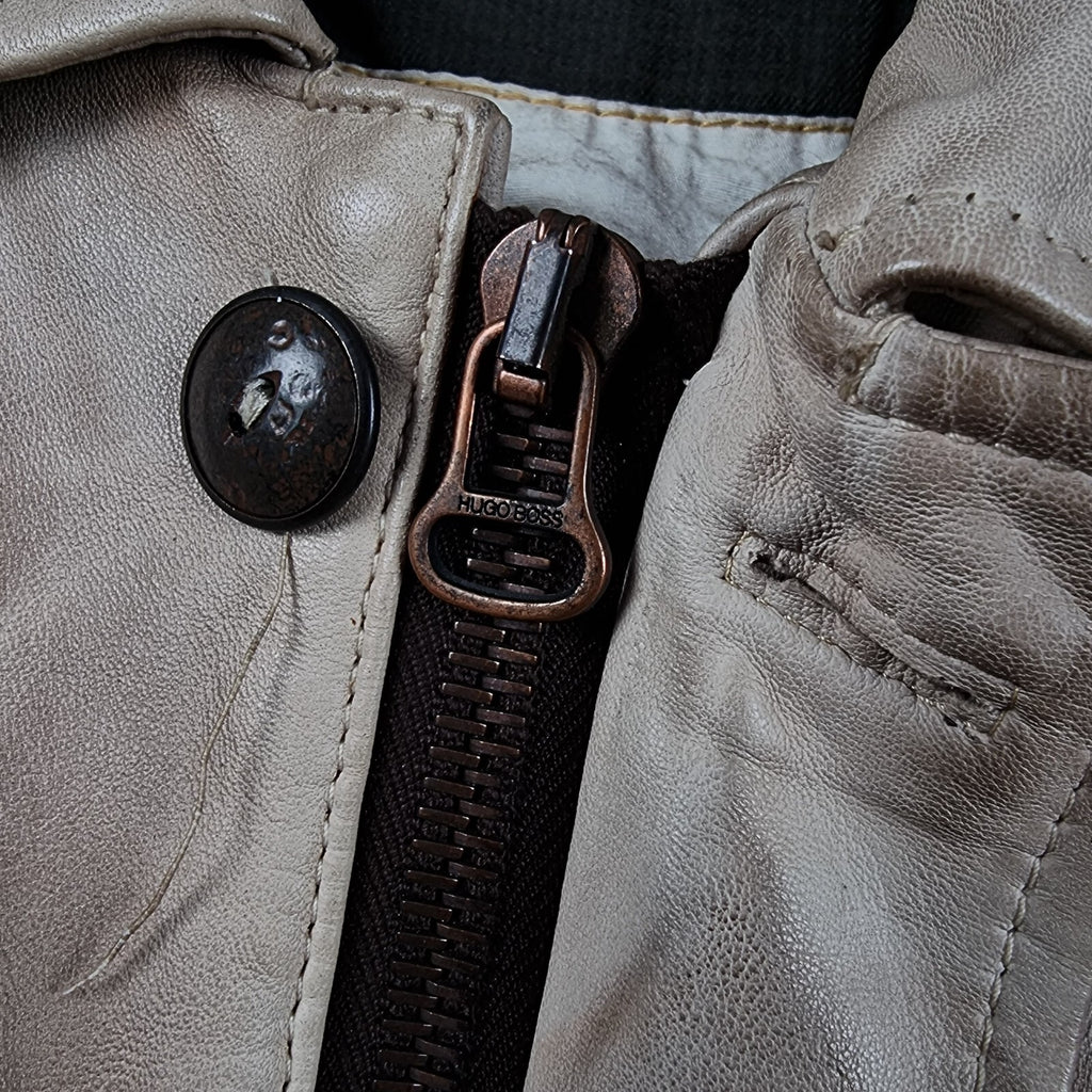 Vintage HUGO BOSS Leather Jacket Mens L Large 42 Brown Lambskin Bomber Flight A2