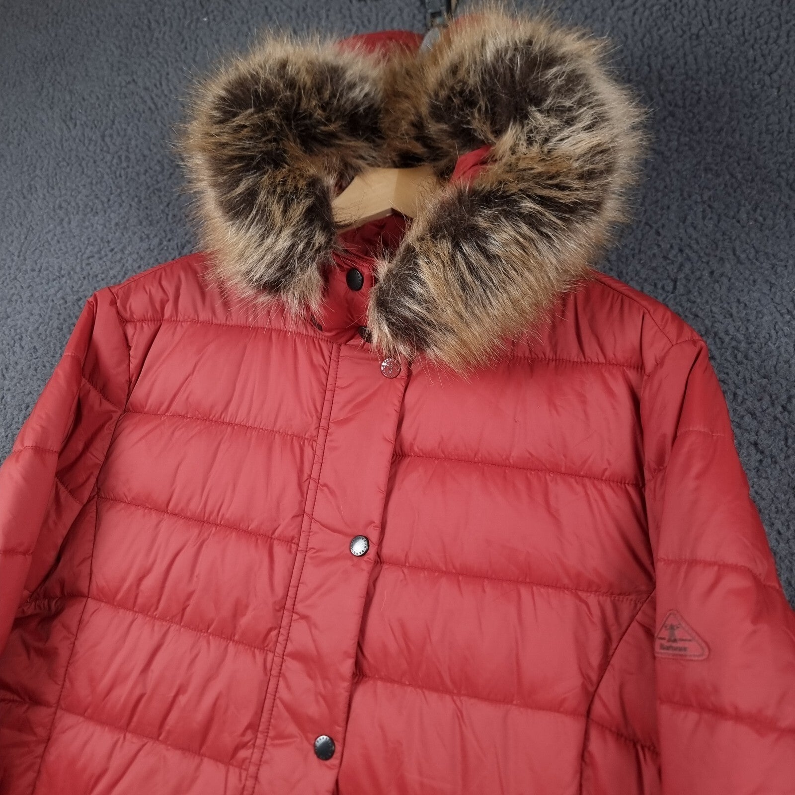 BARBOUR Jacket Womens UK 18 Red Housesteads Quilt Fibre Down Parka Puffer Fur