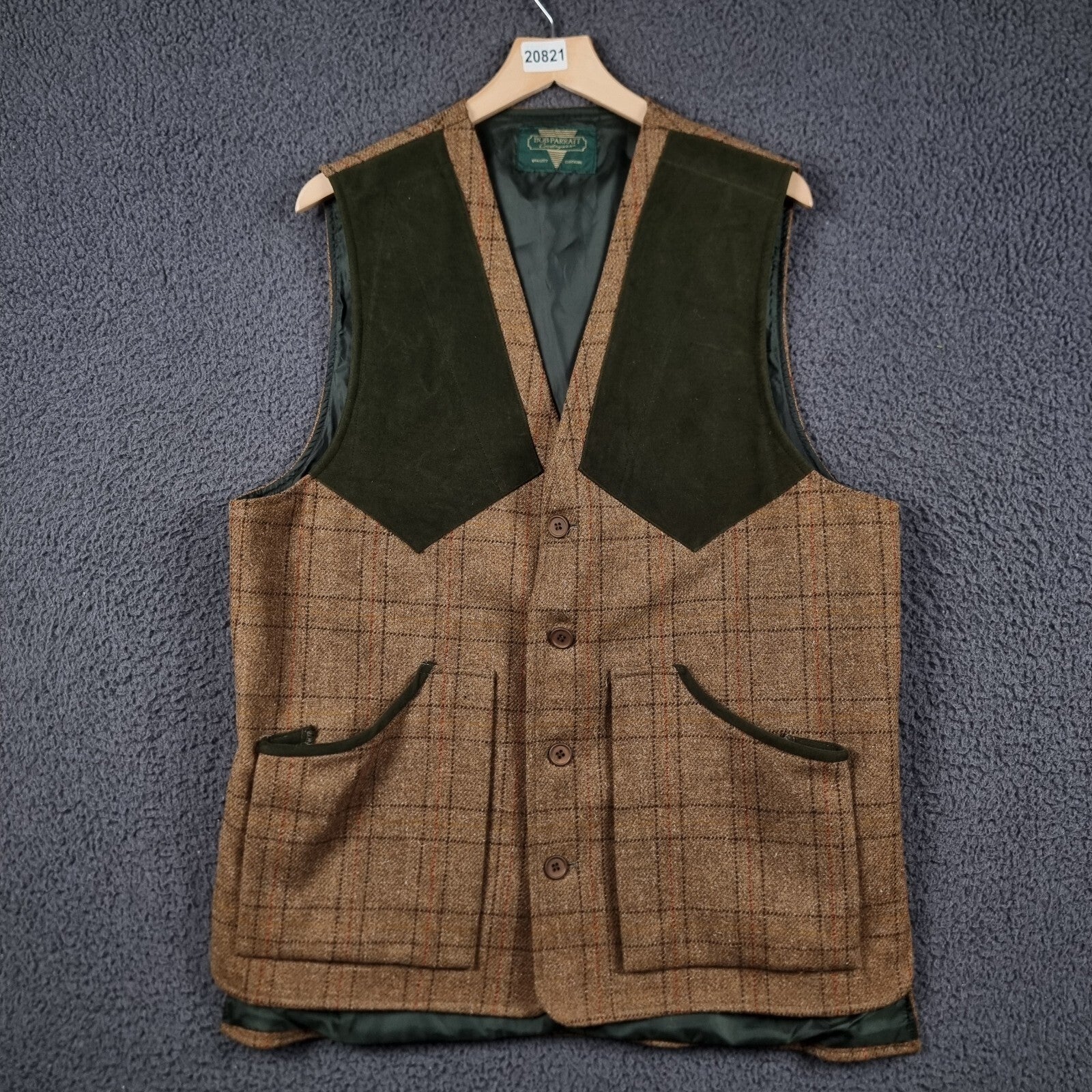 BOB PARRATT Shooting Vest Mens XL Brown 100% Wool Tweed Moleskin Trim Jacket