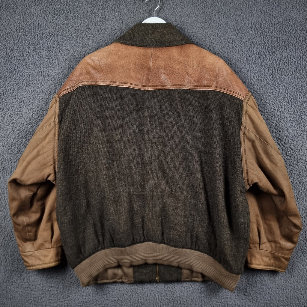 Vintage CAMEL COLLECTION Jacket Mens 3XL Tweed Wool & Leather Field Coat 80s
