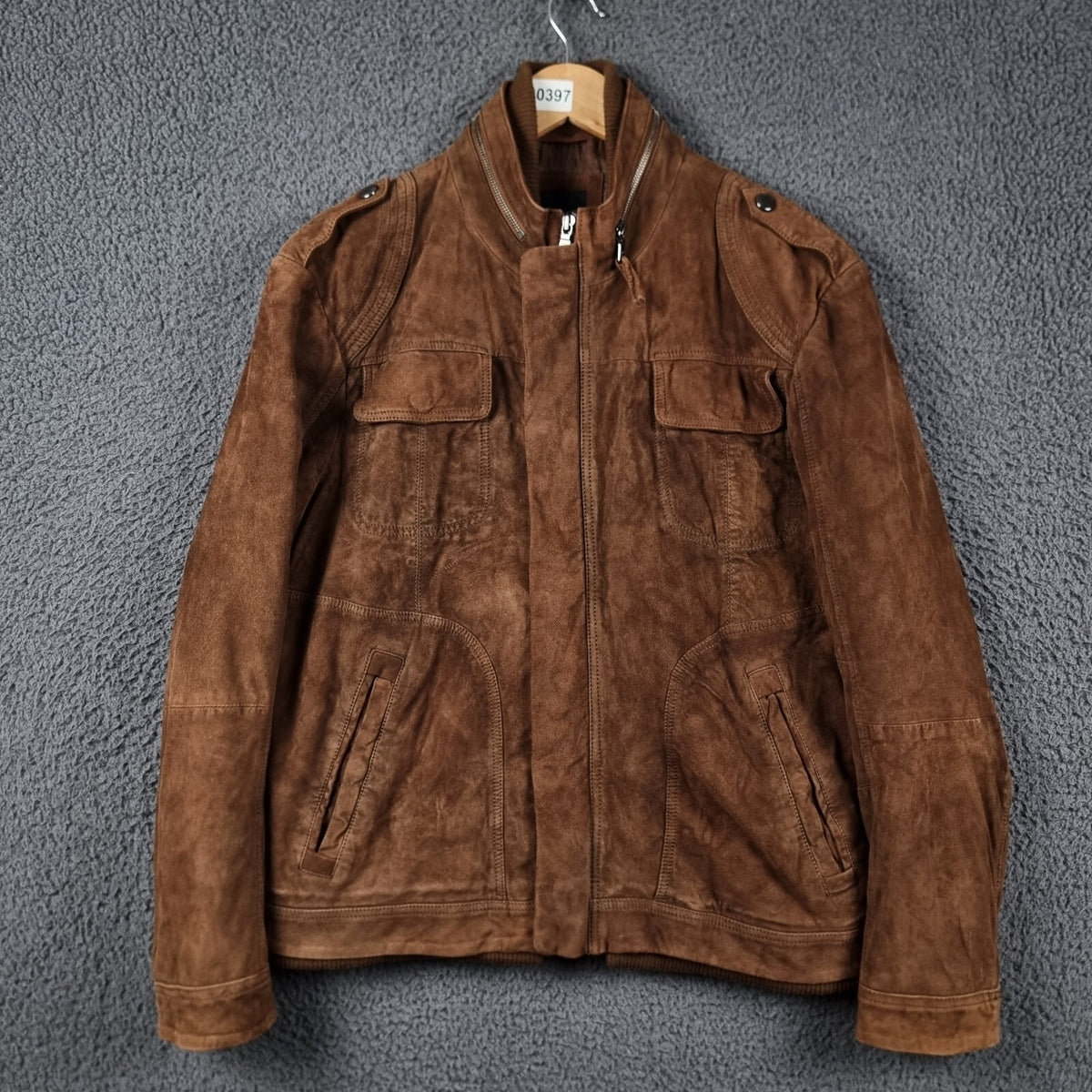 HUGO BOSS Leather Jacket Mens 38R M Medium Brown Goat Suede Military Biker Zip