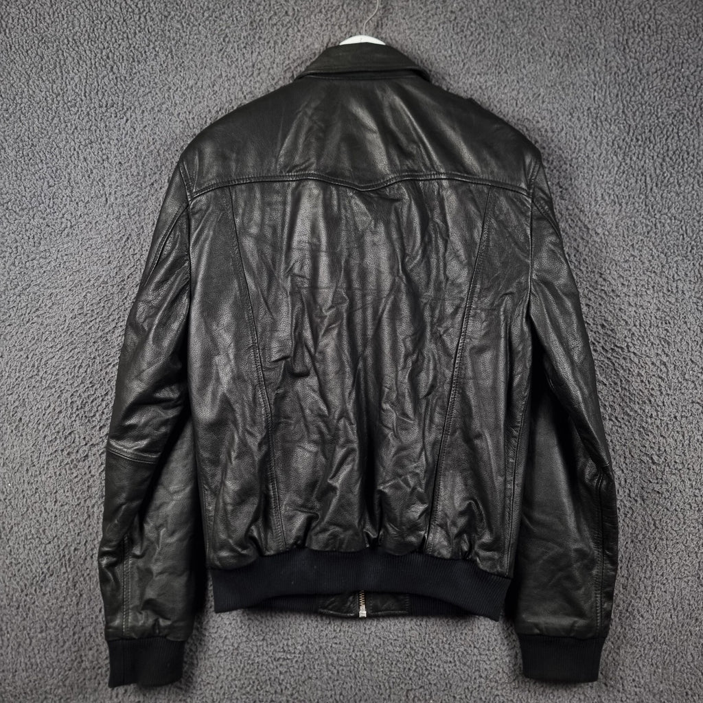 SUPERDRY Leather Jacket Mens L Large Black Biker Bomber Sherpa Lined Super Speed