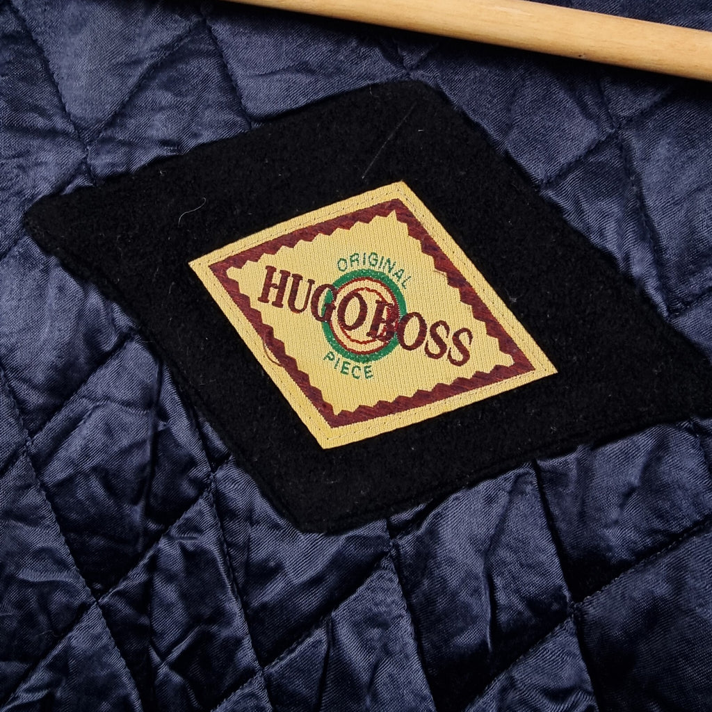Vintage HUGO BOSS Pea Coat Mens L Large Navy Blue 100% Wool Double Breasted 80s