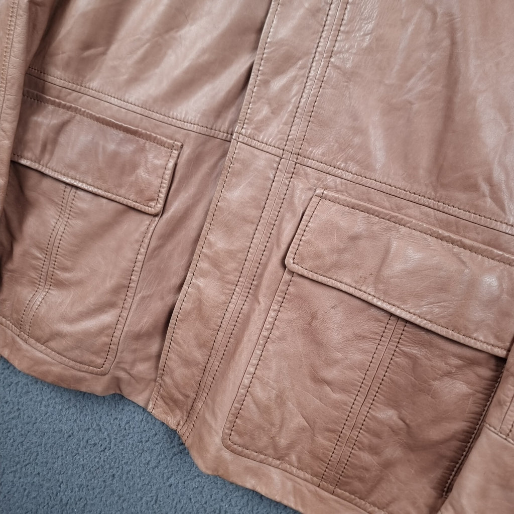 HUGO BOSS Leather Jacket Mens 40R L Large Brown Nappa Calfskin Soft Coat