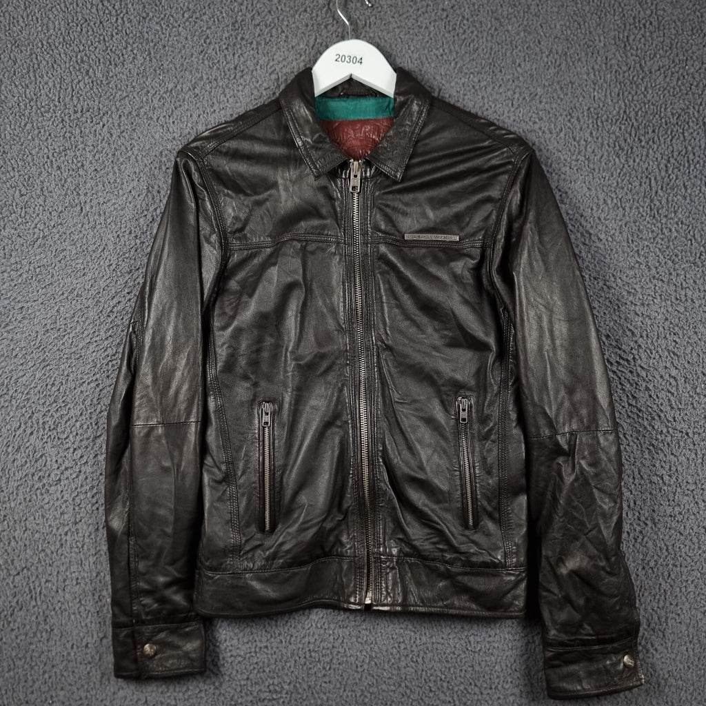 SUPERDRY Leather Jacket Mens S Small Brown Racer Biker Bomber Zip Speed Sport