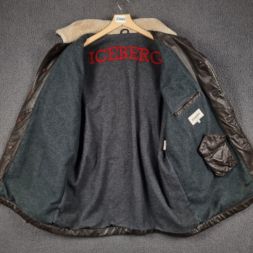 Vintage ICEBERG Leather Jacket Mens L Large 40 Brown Shearling Collar Wool Lined