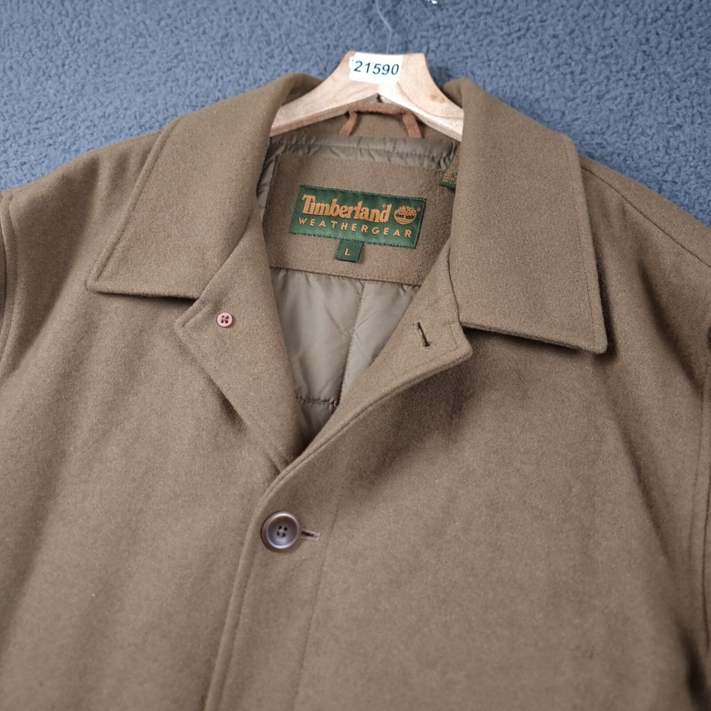 Vintage Timberland Jacket Mens L Brown Wool Coat Overcoat Insulated Collared 2002 Y2K