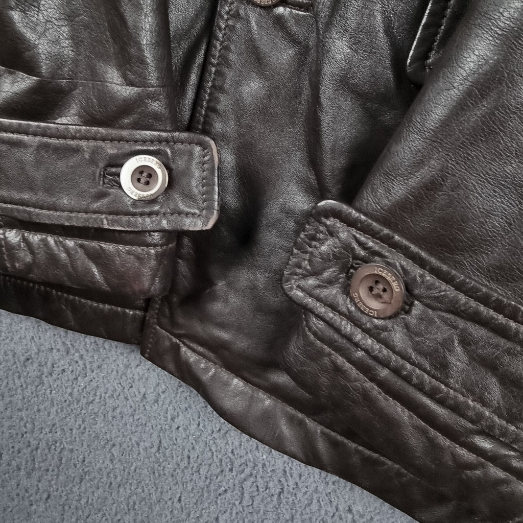 Vintage ICEBERG Leather Jacket Mens L Large 40 Brown Shearling Collar Wool Lined
