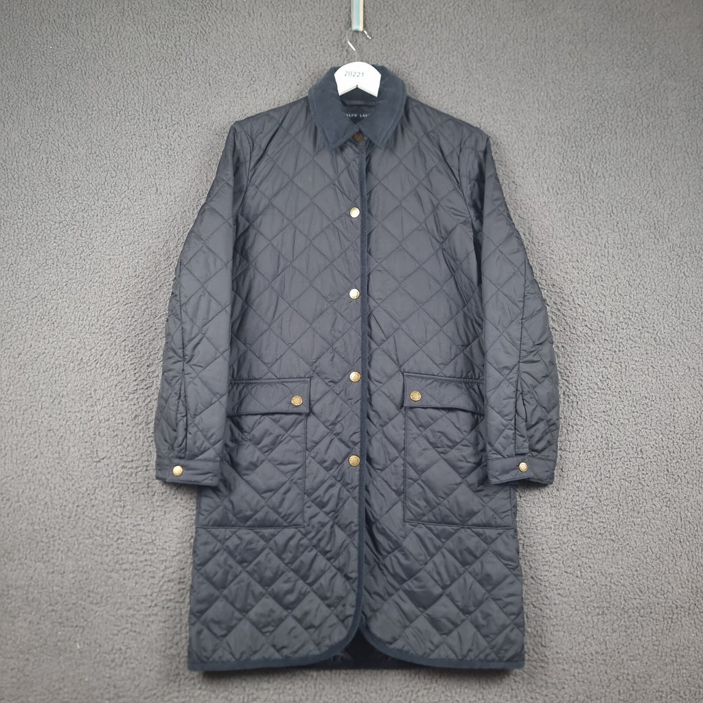 Vintage RALPH LAUREN Jacket Womens S Small Navy Long Quilted Coat Collared 90s