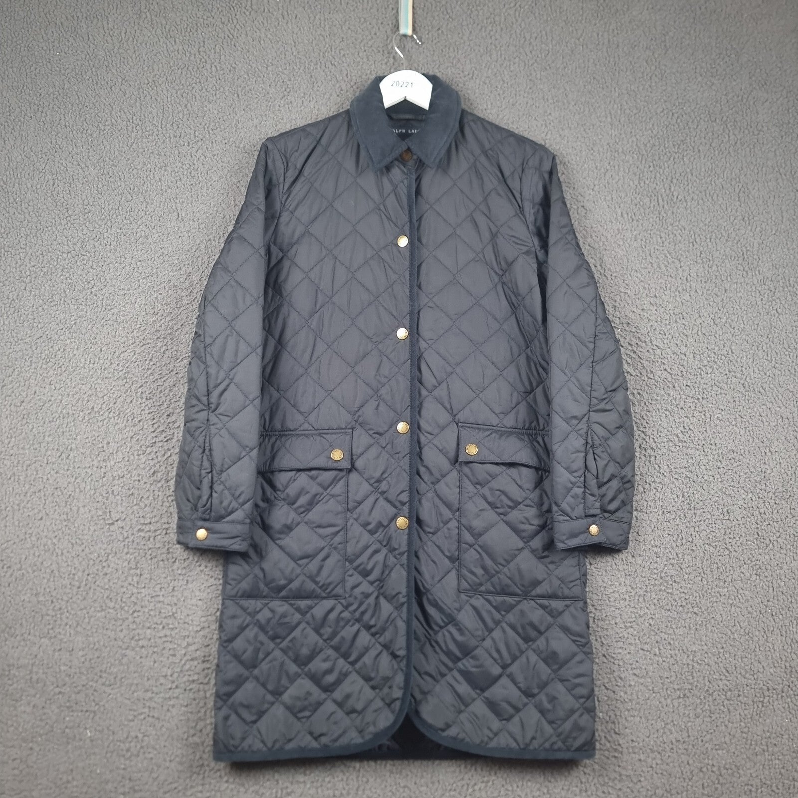 Vintage RALPH LAUREN Jacket Womens S Small Navy Long Quilted Coat Collared 90s