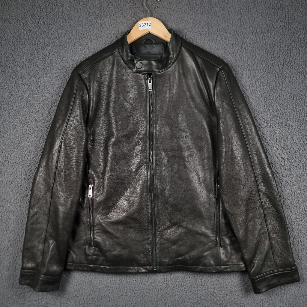 UGG Orlando Leather Jacket Mens L Large Black Racer Biker Bomber Collared Zip
