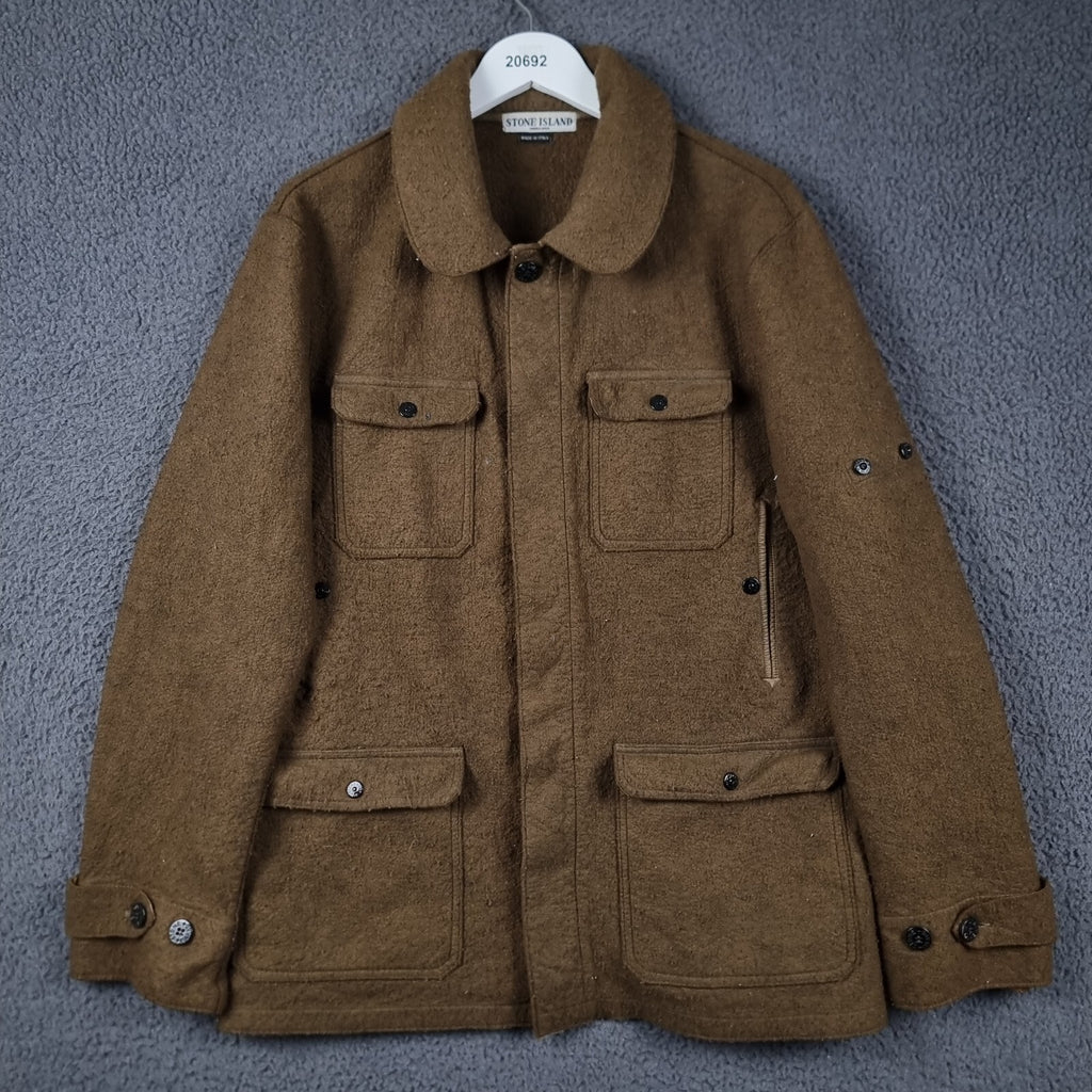 Vintage STONE ISLAND Jacket Mens XL Brown Felt Field Coat Made In Italy F/W 2005