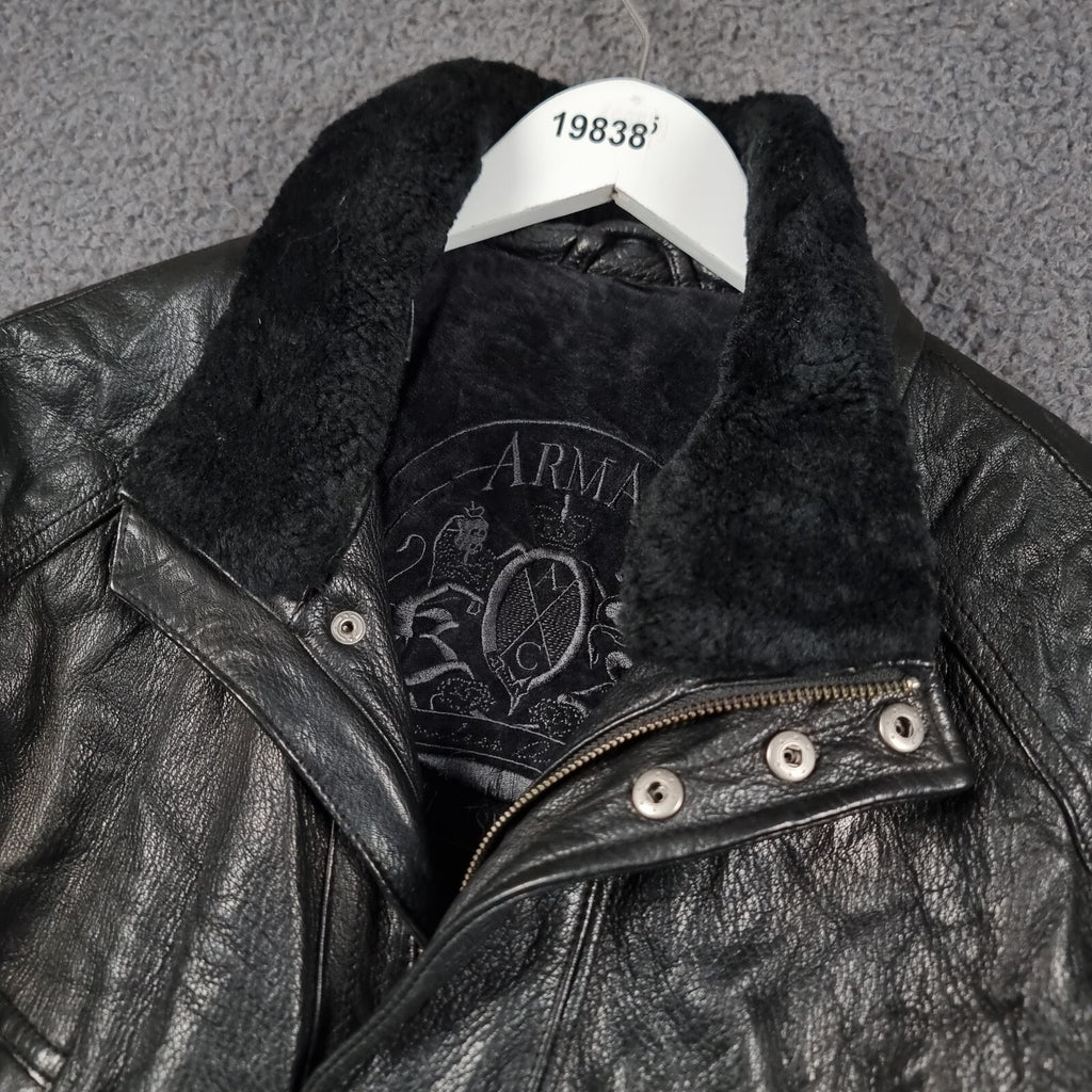 Vintage ARMA Leather Jacket Mens L Large 40 Black Long Overcoat Coat Lined 90s