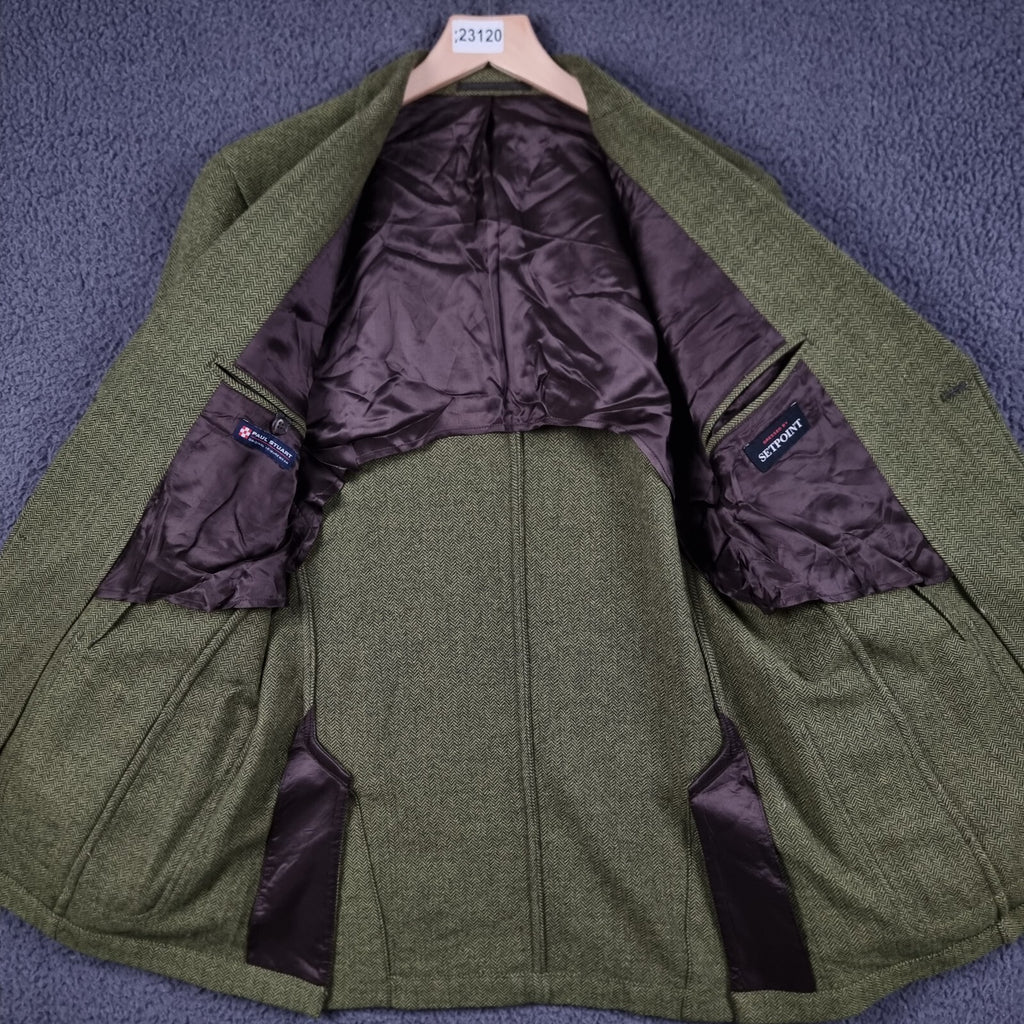 PAUL STUART Blazer Jacket Mens 40 Green Herringbone Wool Tweed Unstructured