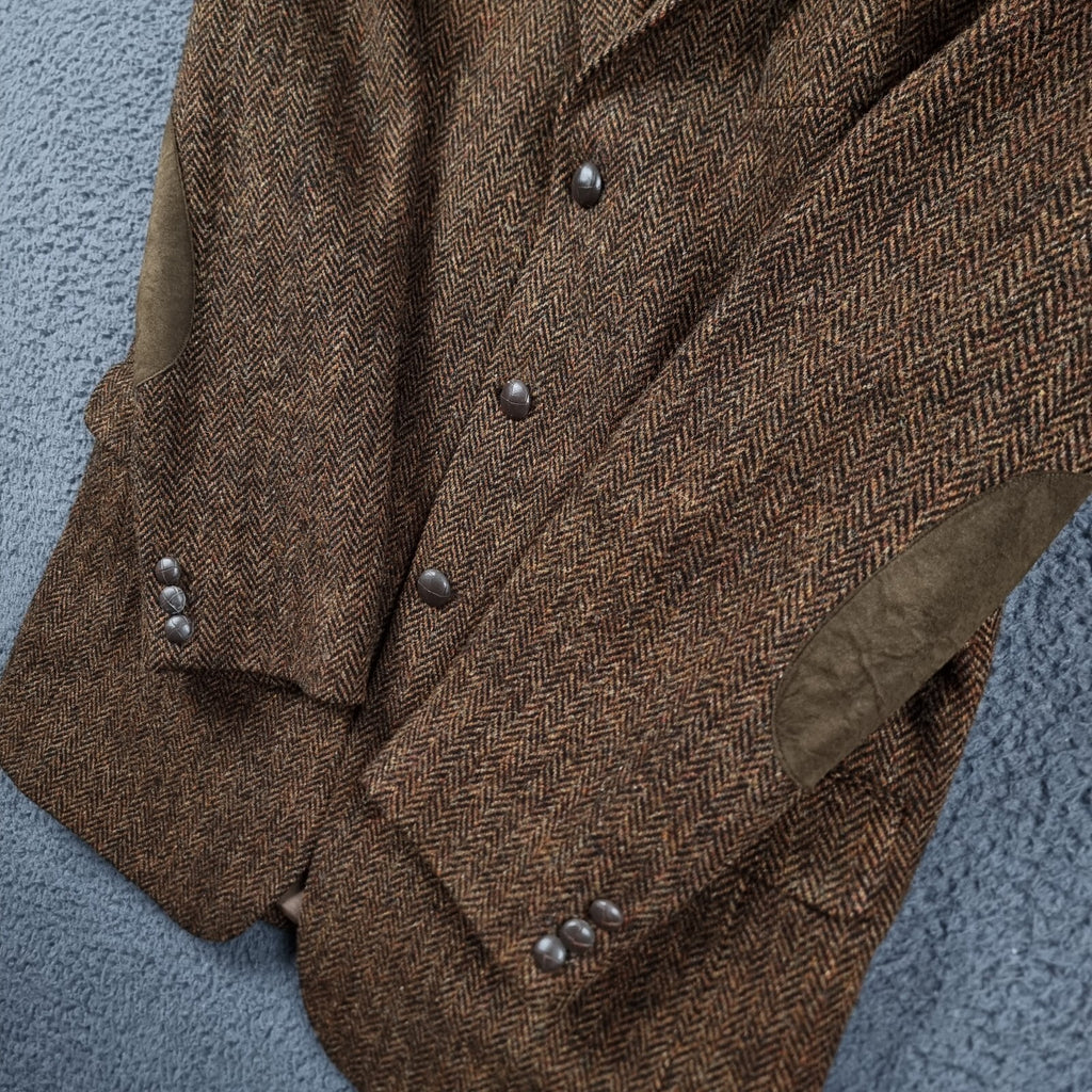 Harris Tweed Blazer Jacket Mens 40 Brown Herringbone Leather Elbow Patch Sport Coat Atwardson