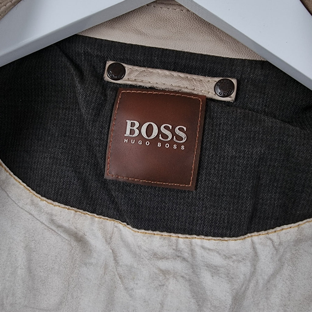 Vintage HUGO BOSS Leather Jacket Mens L Large 42 Brown Lambskin Bomber Flight A2