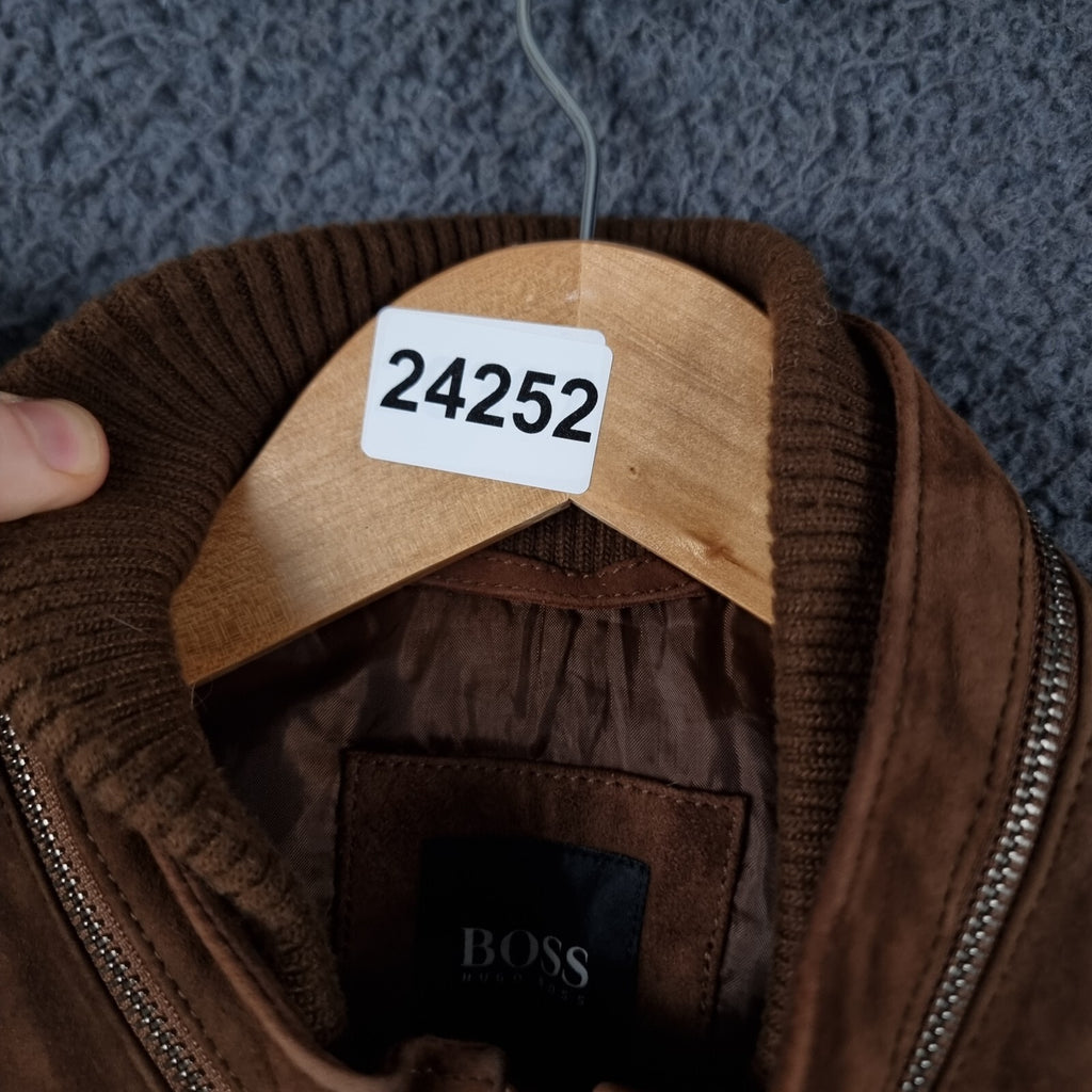 HUGO BOSS Leather Jacket Mens 38R M Medium Brown Goat Suede Military Biker Zip