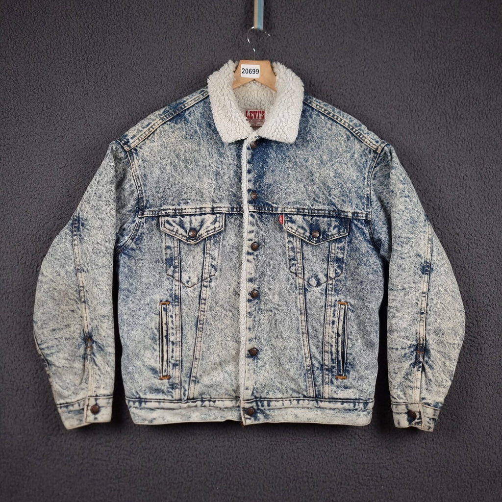 Vintage Levi's Sherpa Jacket Mens M Blue Trucker Acid Wash USA Made 80s Snap