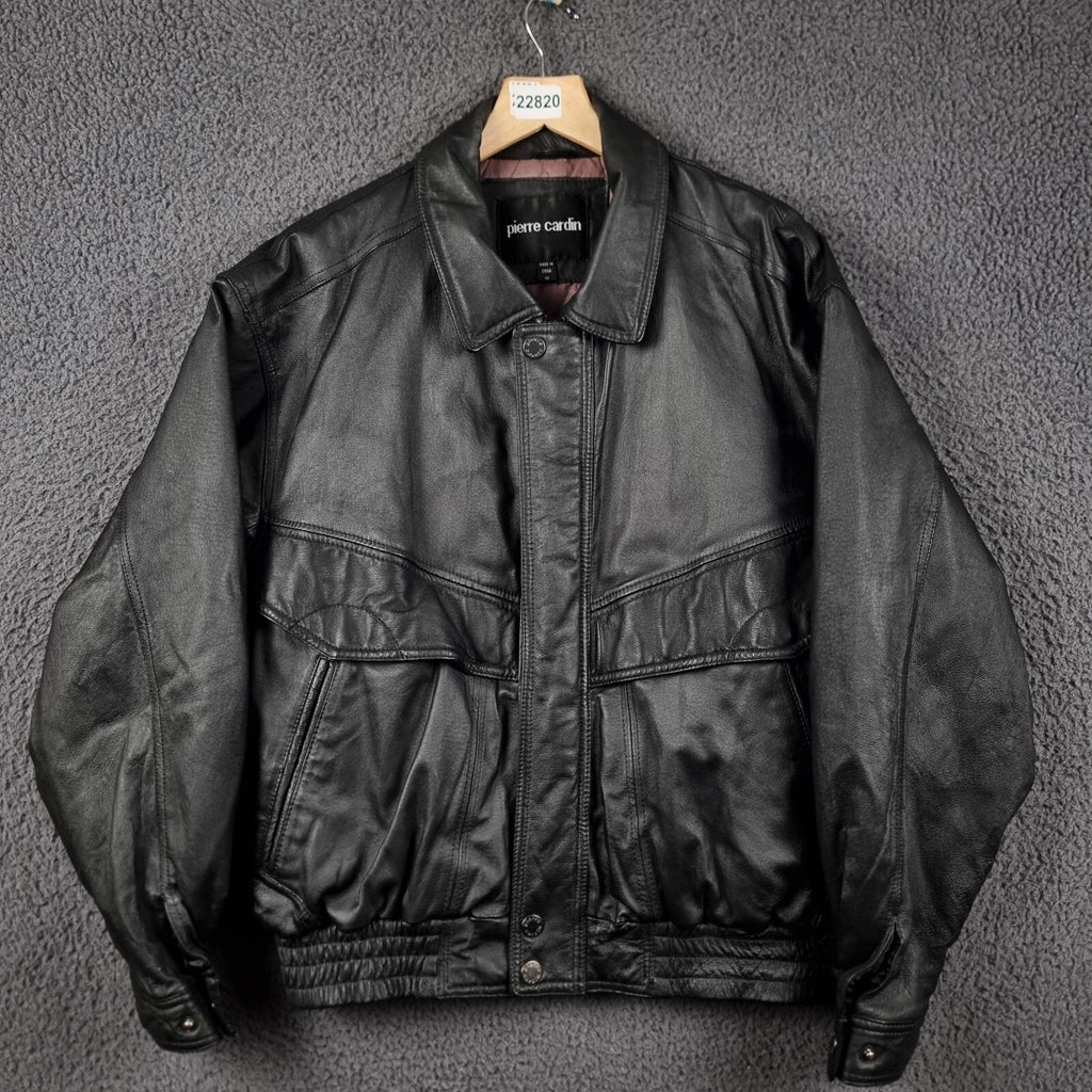 Vintage PIERRE CARDIN Leather Jacket Mens M Medium Black Bomber Relaxed Fit 90s