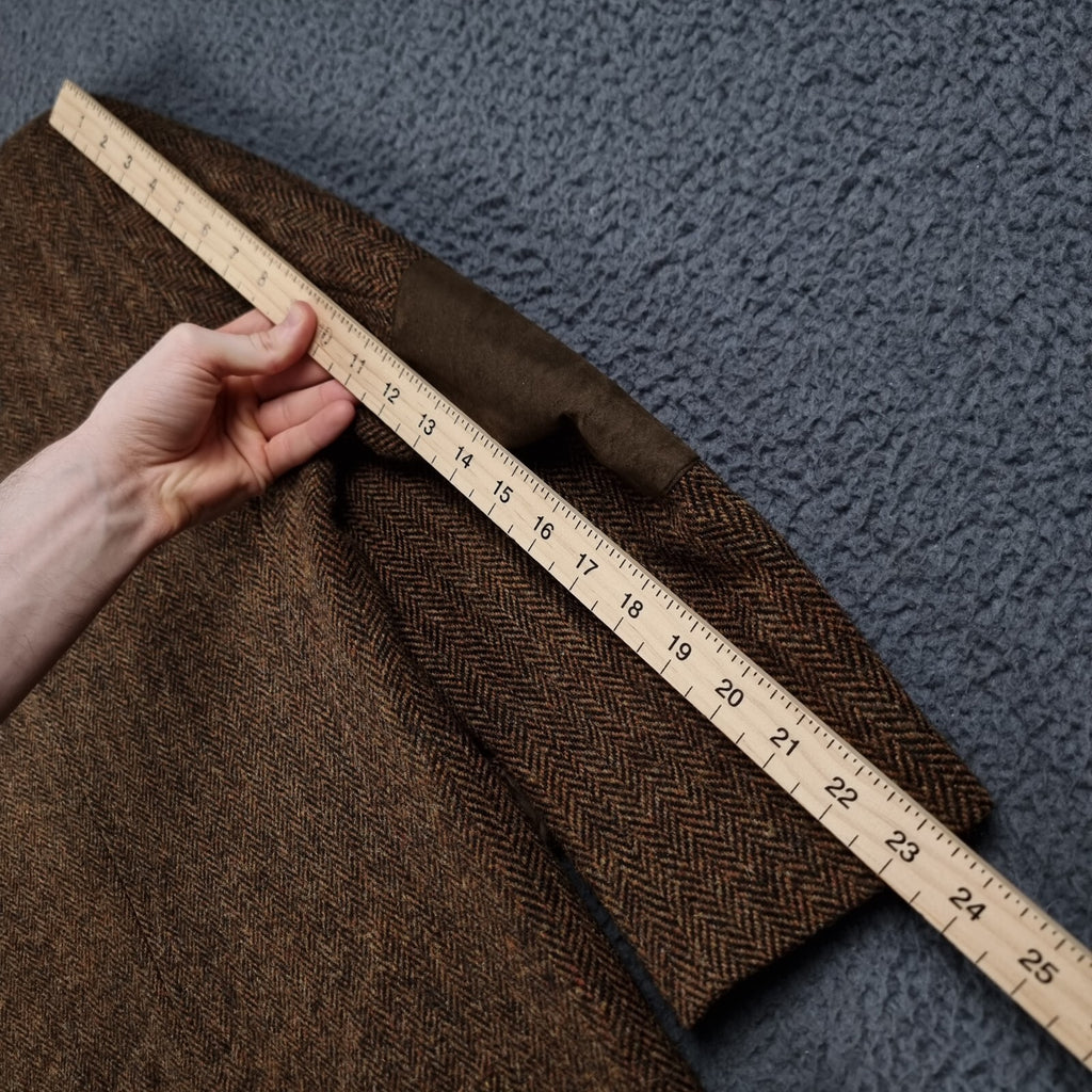 Harris Tweed Blazer Jacket Mens 40 Brown Herringbone Leather Elbow Patch Sport Coat Atwardson