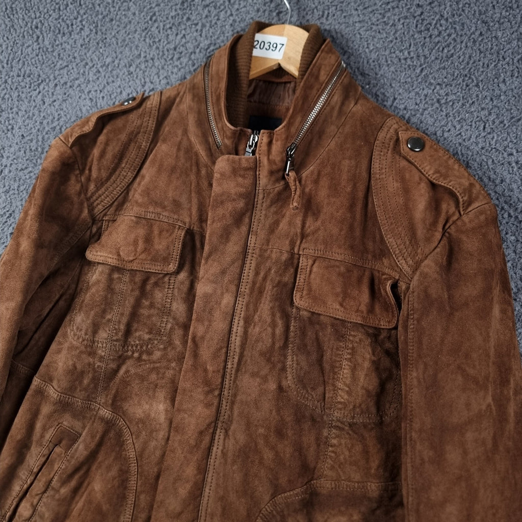 HUGO BOSS Leather Jacket Mens 38R M Medium Brown Goat Suede Military Biker Zip