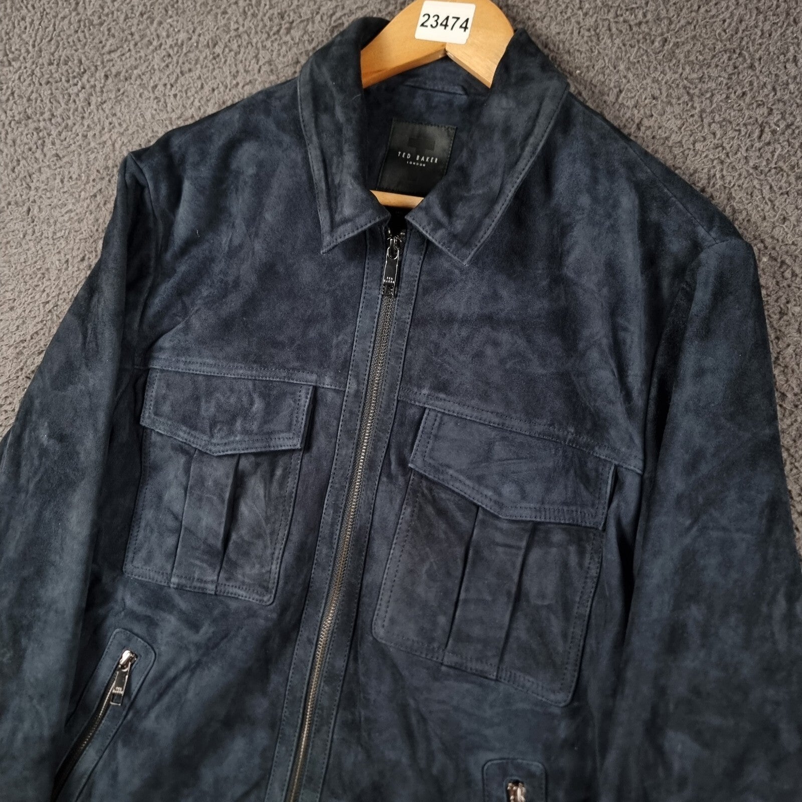 TED BAKER Genuine Leather Jacket Men XL 5 Blue Suede Trucker Zip NEW RRP £400