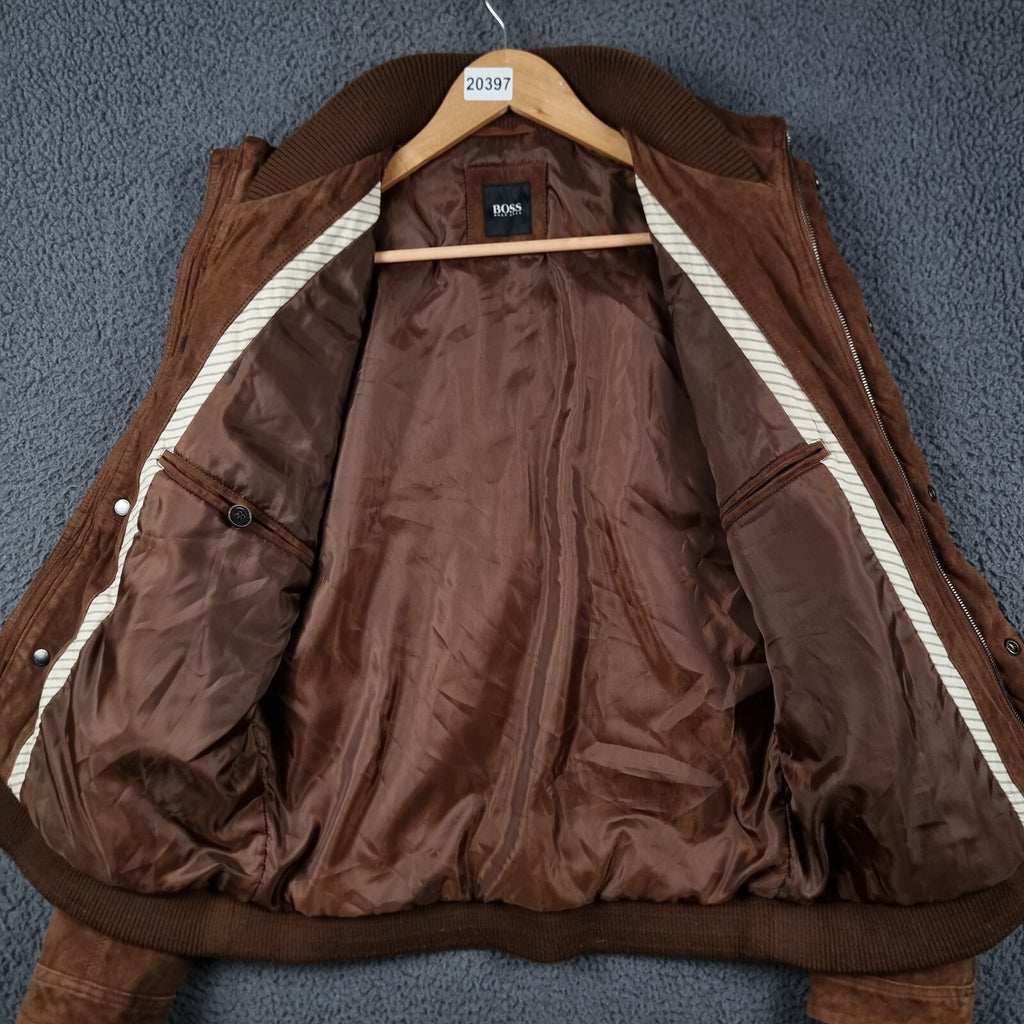 HUGO BOSS Leather Jacket Mens 38R M Medium Brown Goat Suede Military Biker Zip