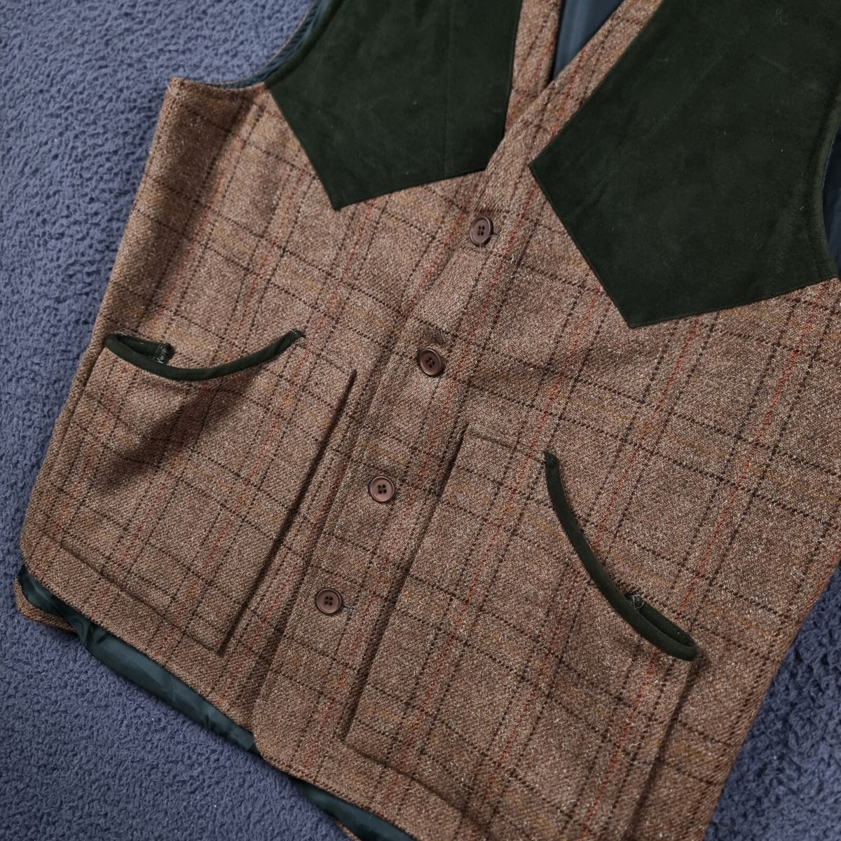 BOB PARRATT Shooting Vest Mens XL Brown 100% Wool Tweed Moleskin Trim Jacket