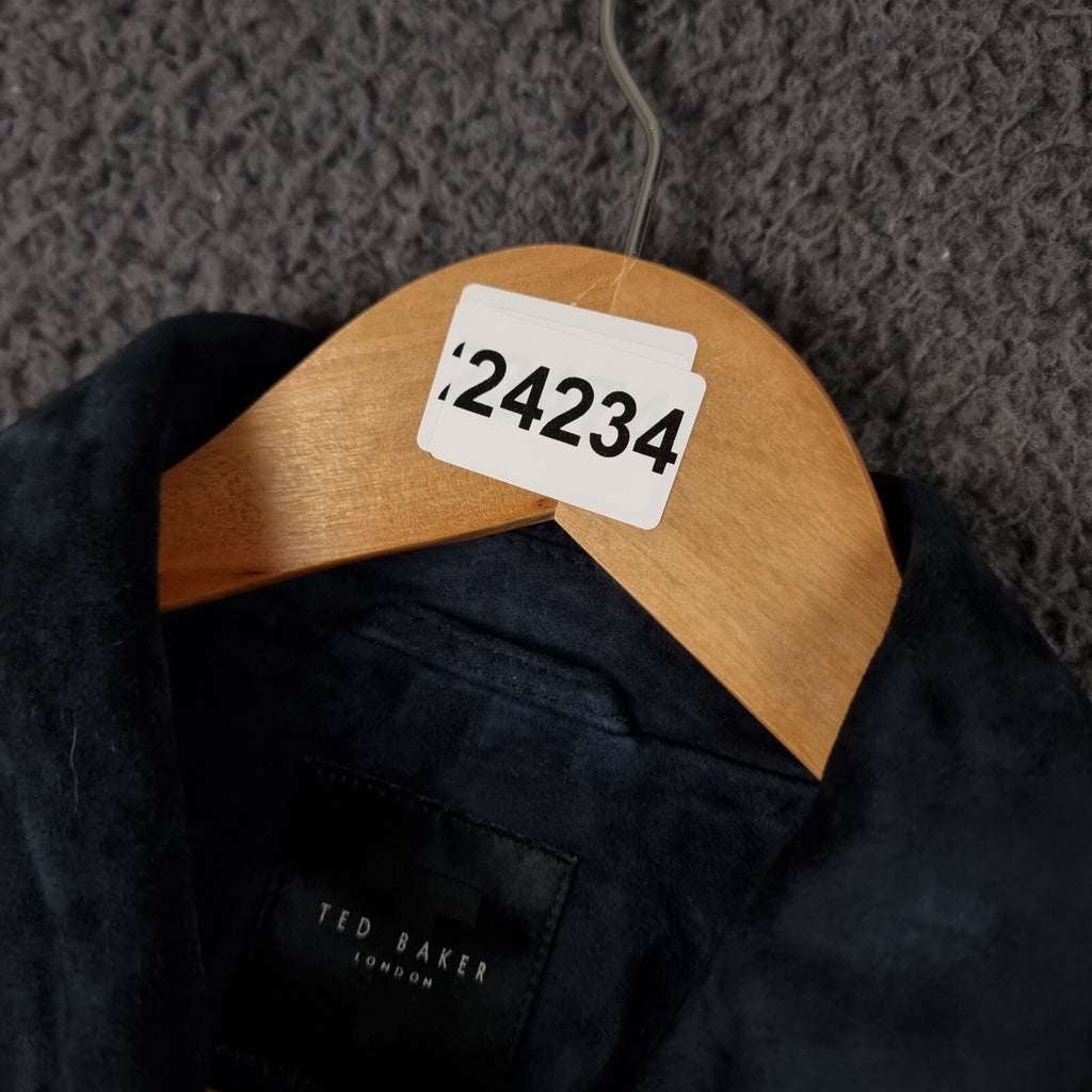 TED BAKER Genuine Leather Jacket Men XL 5 Blue Suede Trucker Zip NEW RRP £400