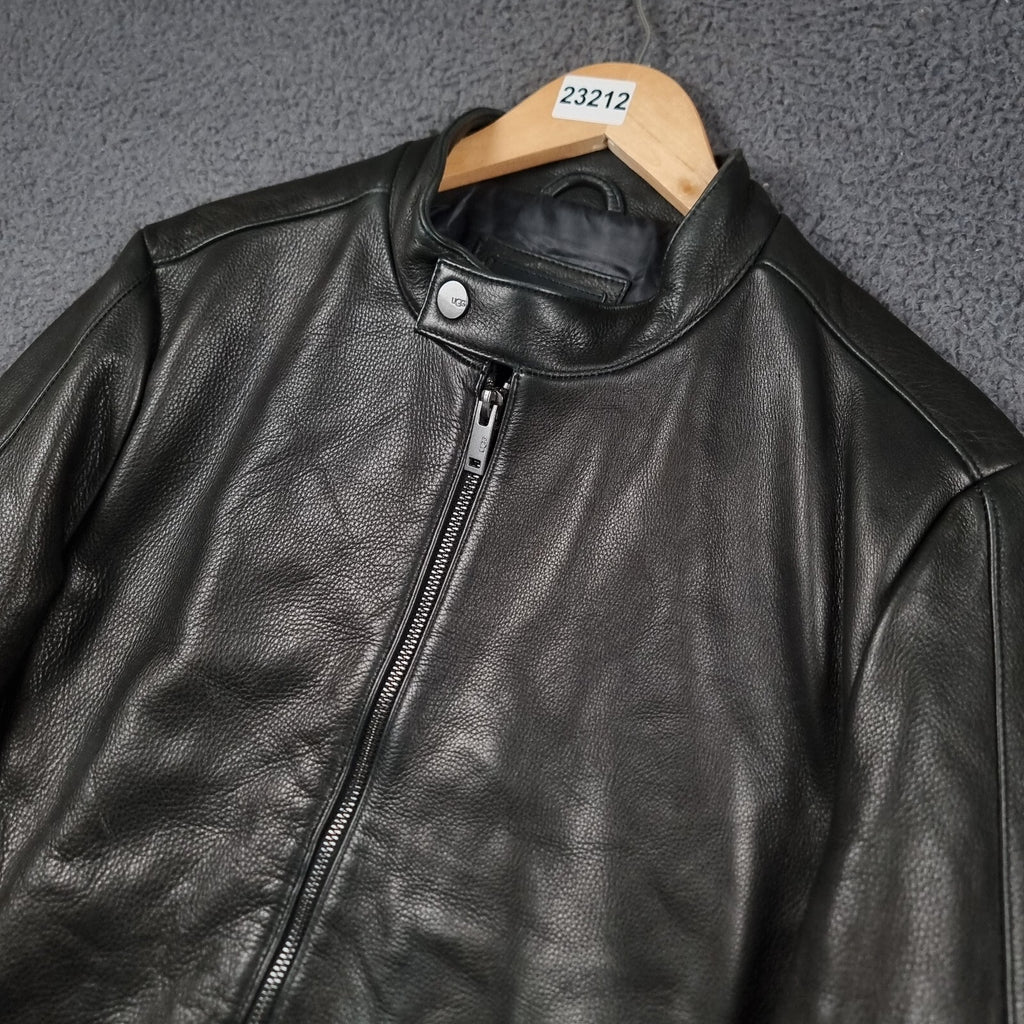 UGG Orlando Leather Jacket Mens L Large Black Racer Biker Bomber Collared Zip