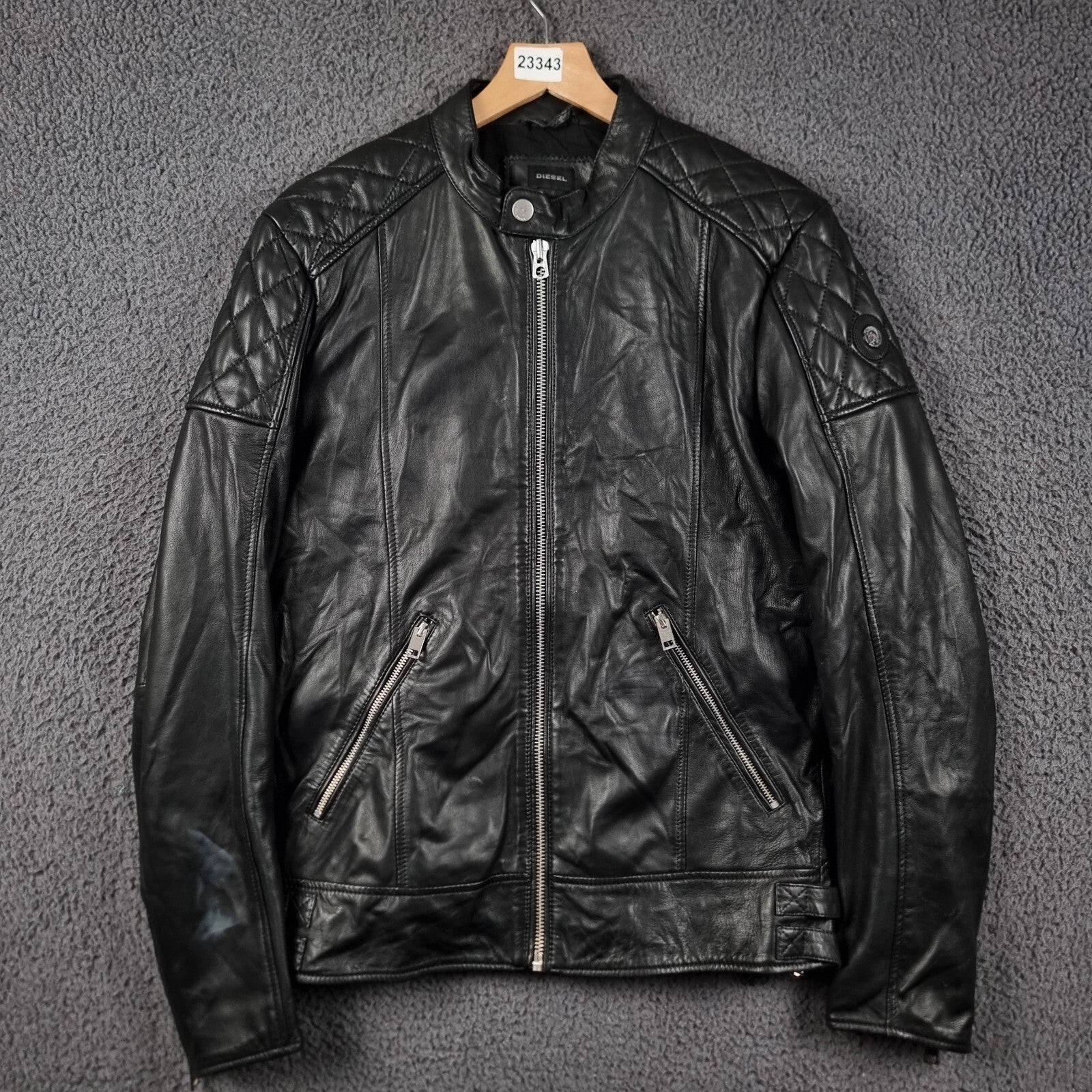 Diesel Leather Jacket Mens XL Black Soft Sheepskin Racer Biker Moto Full Zip
