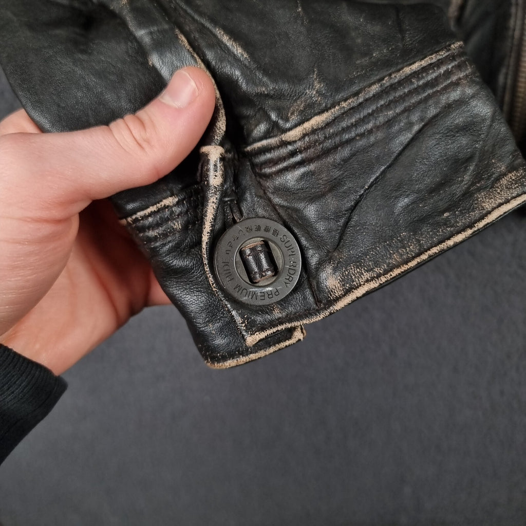 SUPERDRY Leather Jacket Mens L Large Brown Brad Distressed Biker Motorcycle