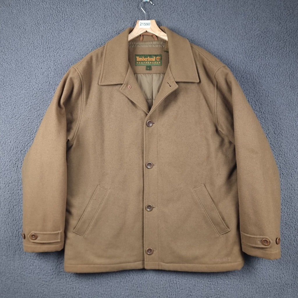 Vintage Timberland Jacket Mens L Brown Wool Coat Overcoat Insulated Collared 2002 Y2K