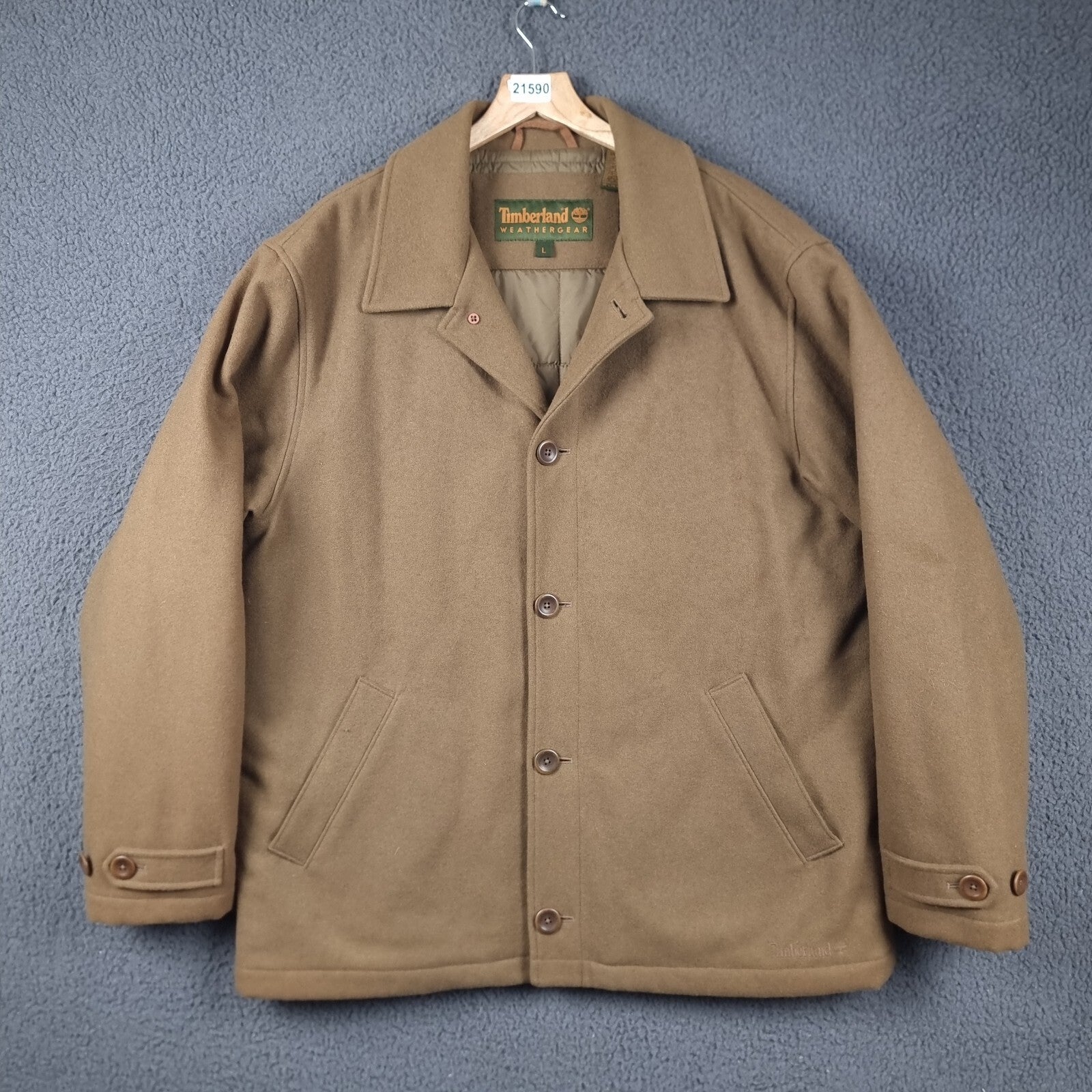 Vintage Timberland Jacket Mens L Brown Wool Coat Overcoat Insulated Collared 2002 Y2K
