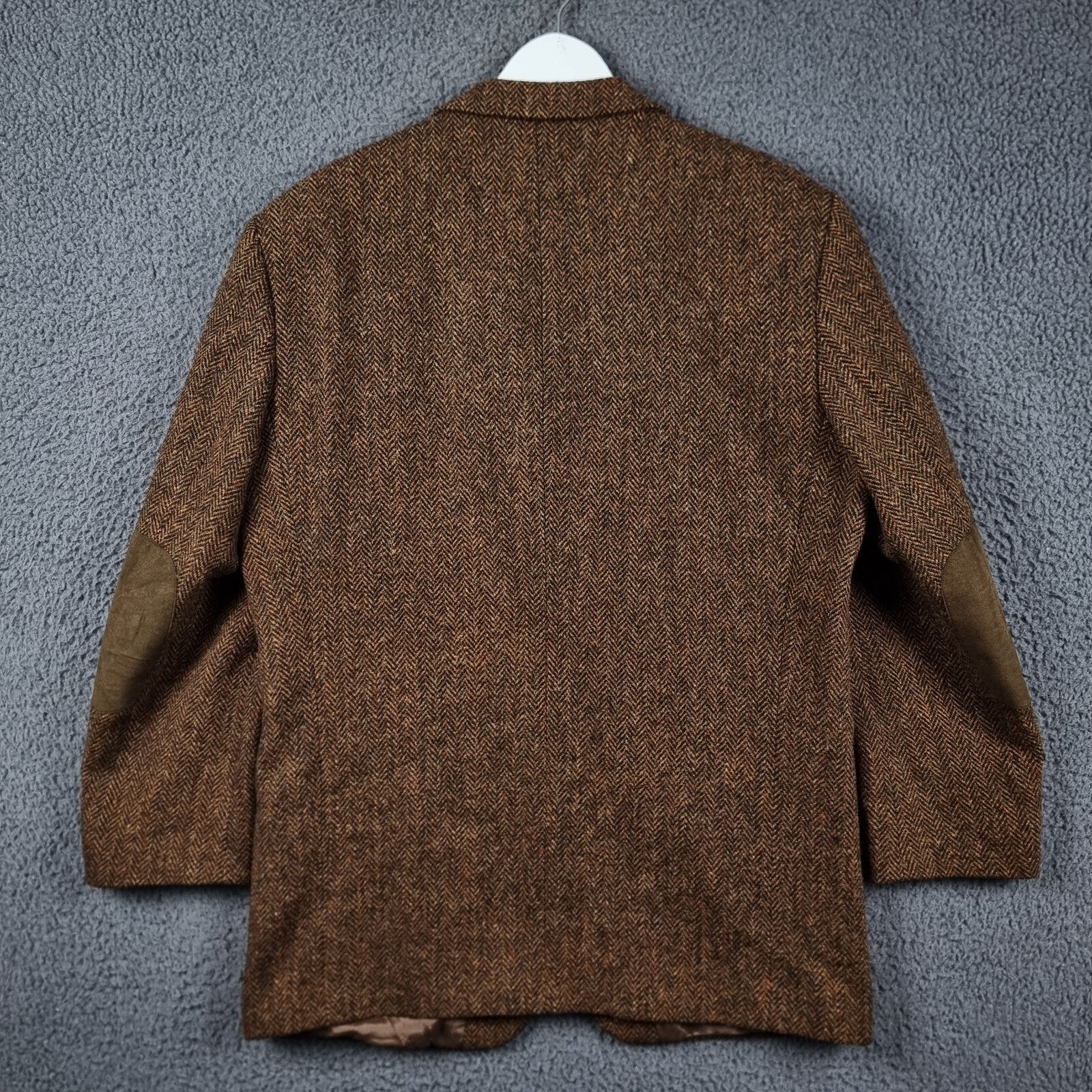 Harris Tweed Blazer Jacket Mens 40 Brown Herringbone Leather Elbow Patch Sport Coat Atwardson