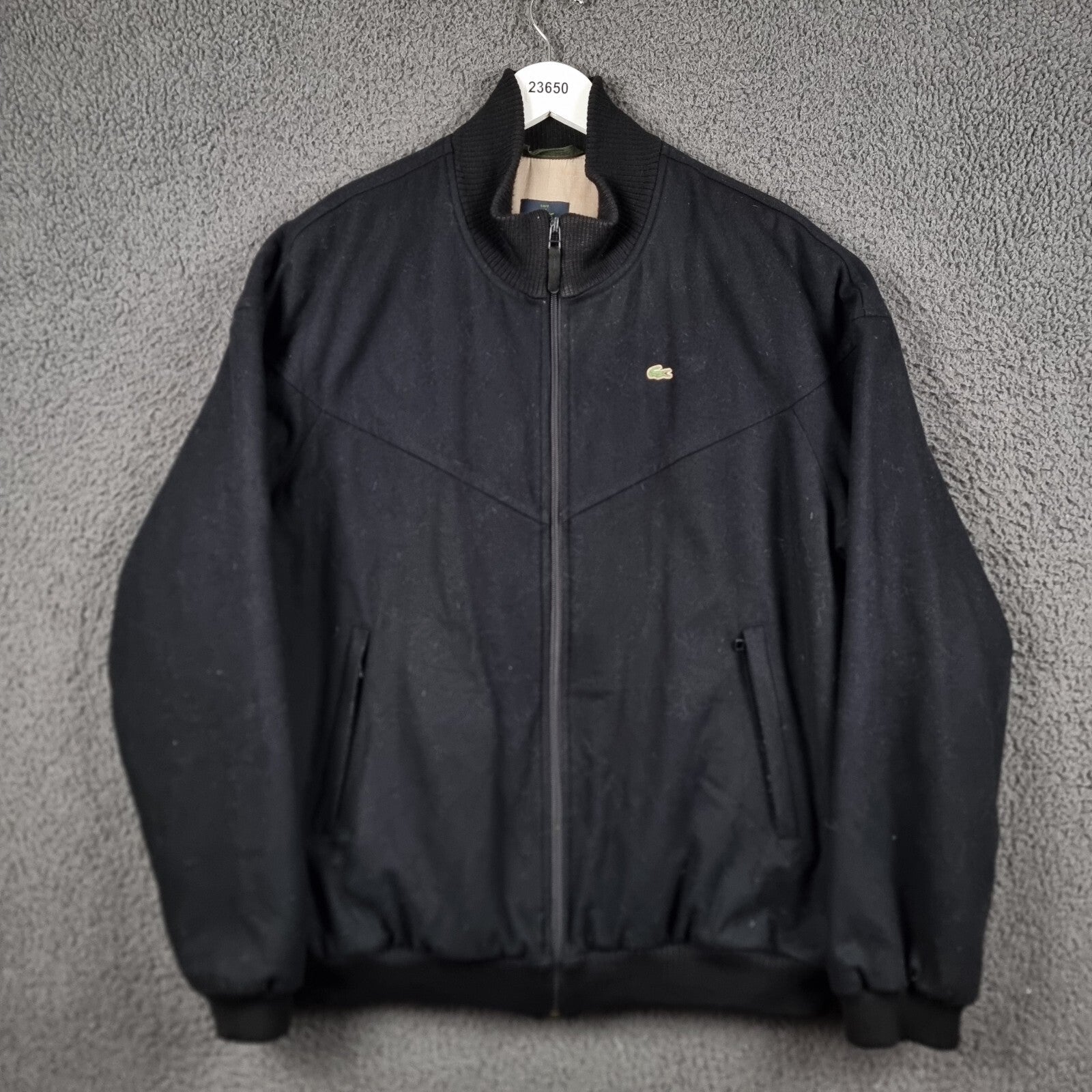 Vintage LACOSTE Jacket Mens 3XL 8 Black Wool Blend Bomber Full Zip Lined Y2K