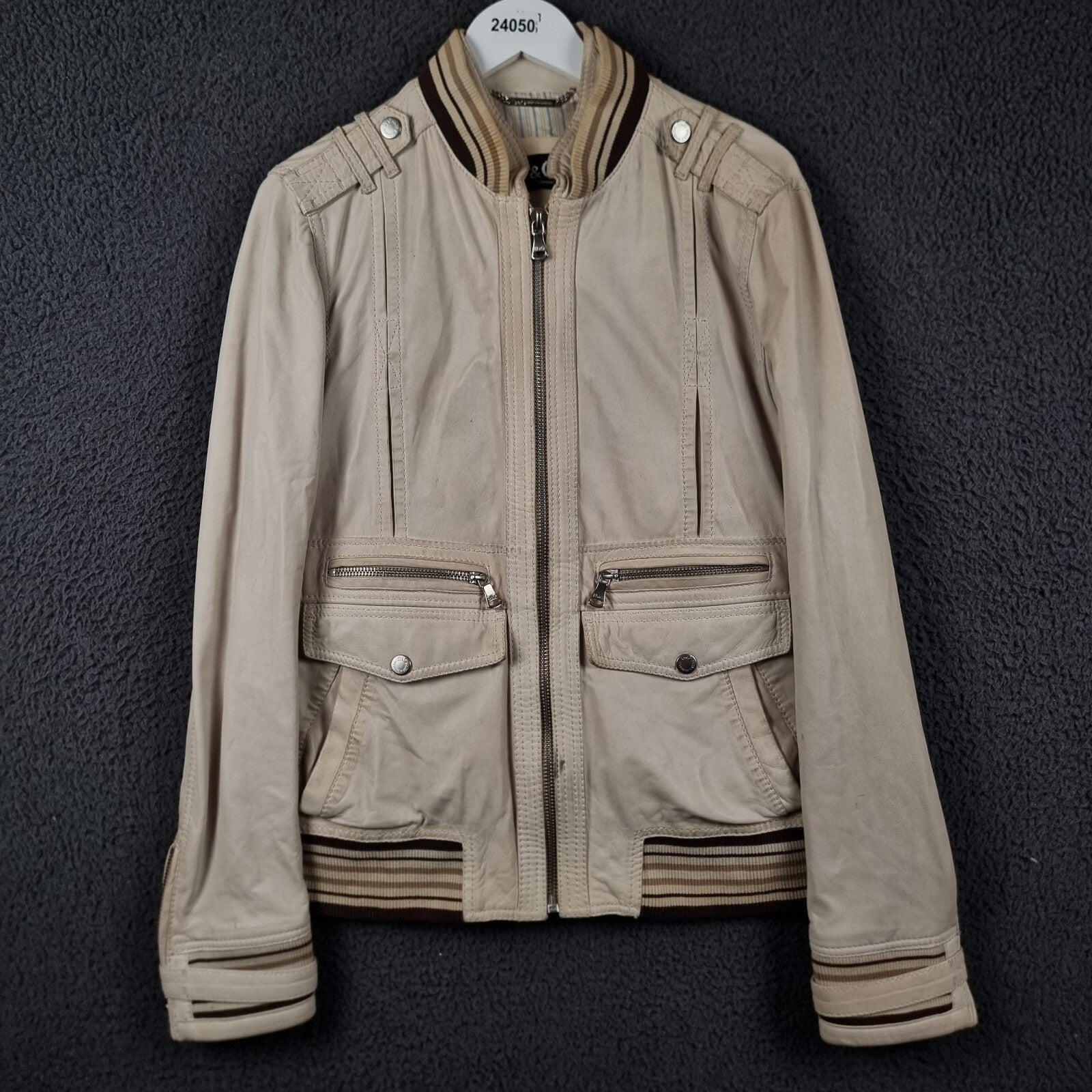 DOLCE & GABBANA Leather Jacket Mens L Large 42 Beige Cream Soft Lambskin Slim