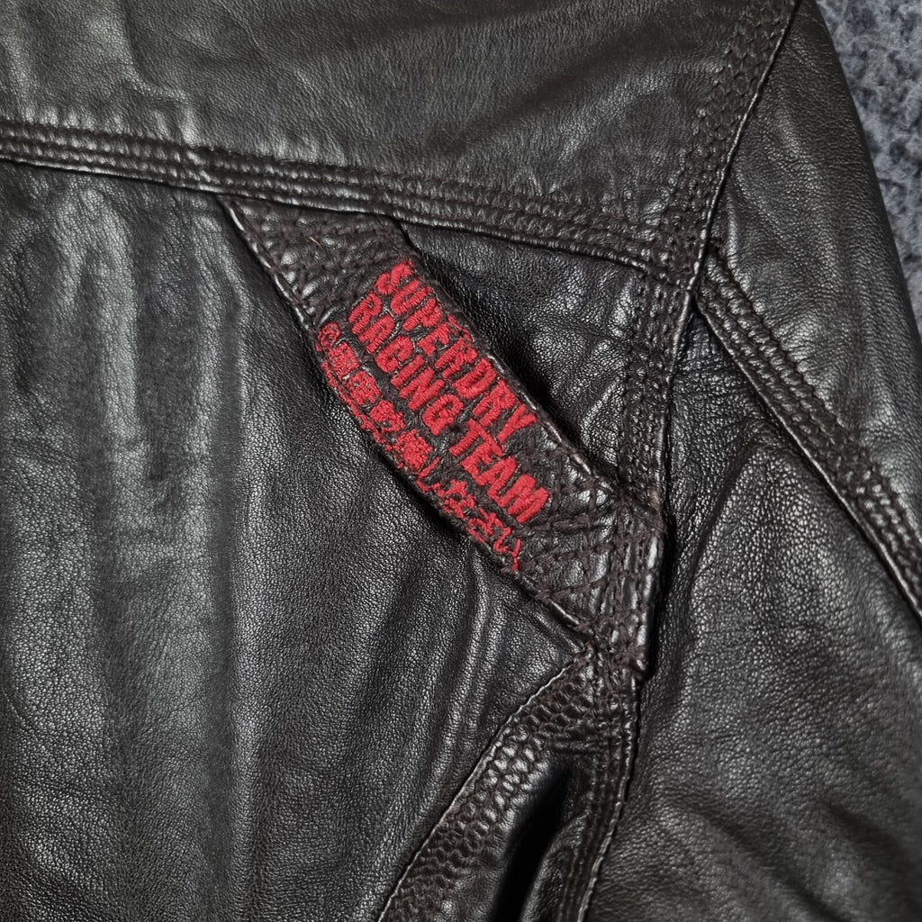 SUPERDRY Leather Jacket Mens S Small Brown Racer Biker Bomber Zip Speed Sport