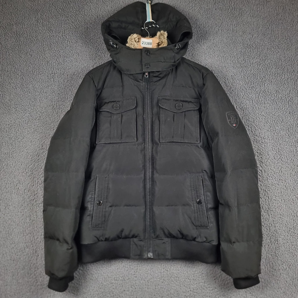 TOMMY HILFIGER Jacket Mens M Medium Black Down Insulated Puffer Hooded Bomber